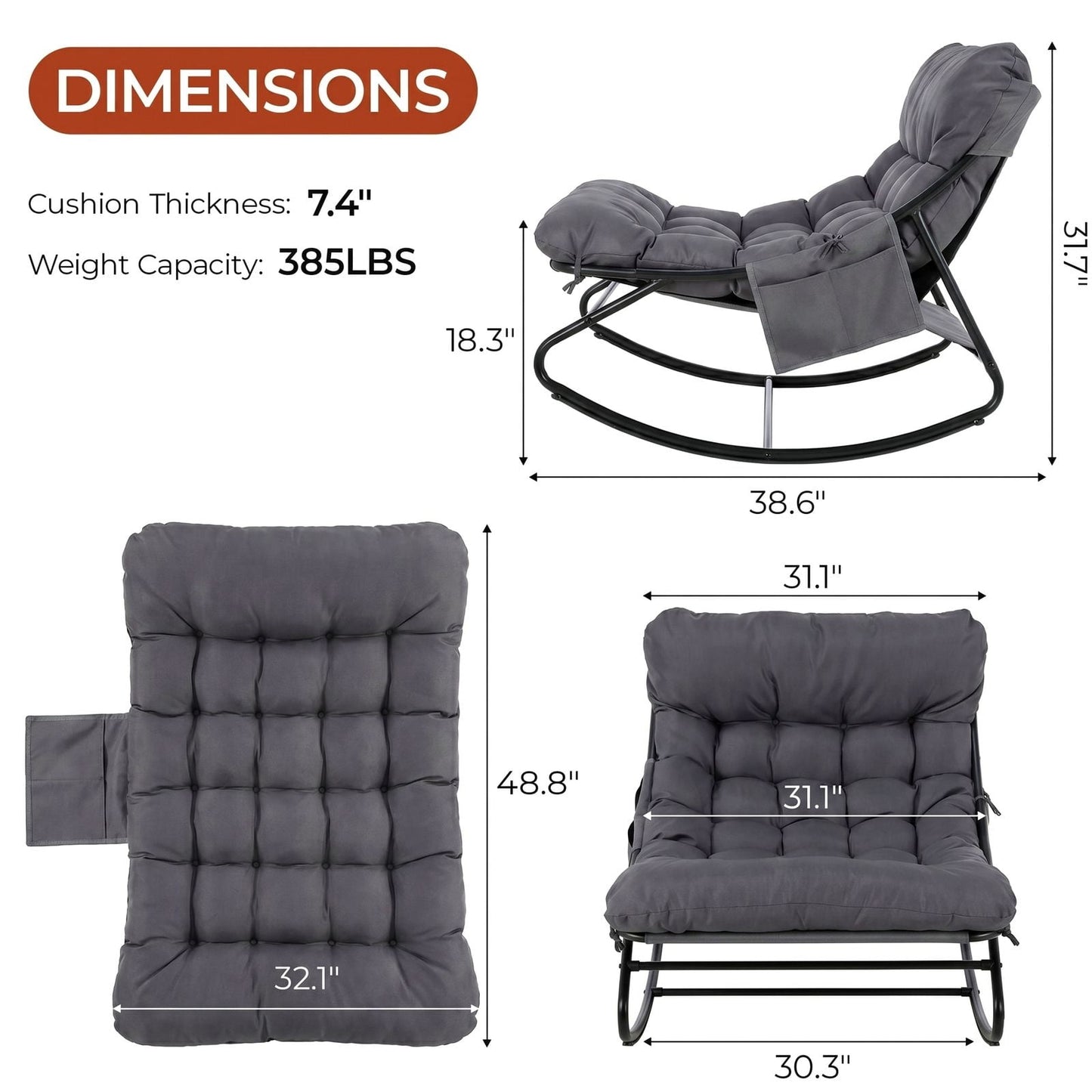 LAZY BUDDY Oversized Outdoor Rocking Chair, Comfy Papasan Rocker Chair with Thick Cushions for Living Room, Bedroom, Balcony, Patio