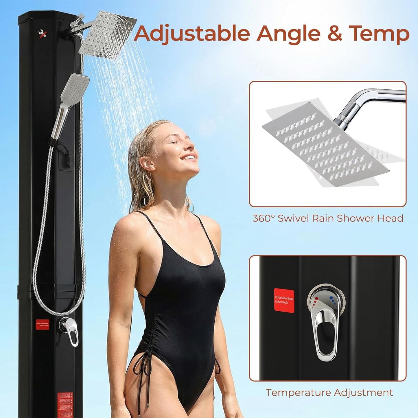 LAZY BUDDY 9.3/10.6/16 Gallon Solar Heated Outdoor Shower, 7.5FT Height Freestanding Outside Shower with 360° Swivel Shower Head, Handheld Shower & Foot Faucet, Temperature Adjustment