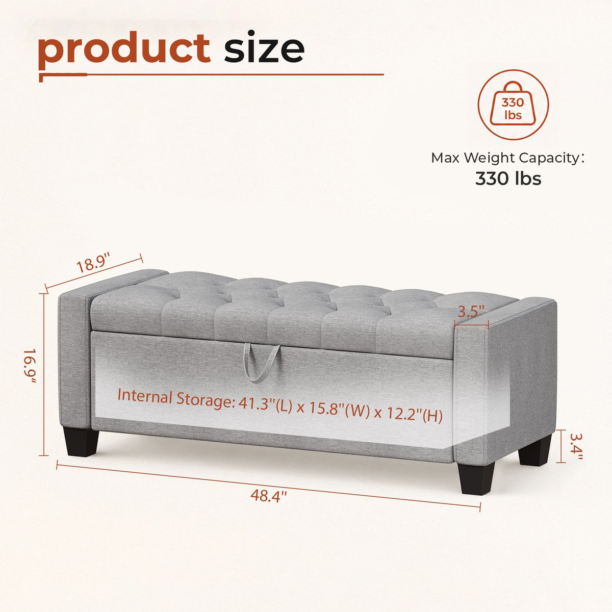 LAZY BUDDY 48'' Ottoman with Storage, Upholstered Storage Ottoman Bench with Safety Hinge, for Bedroom, Living Room, Entryway