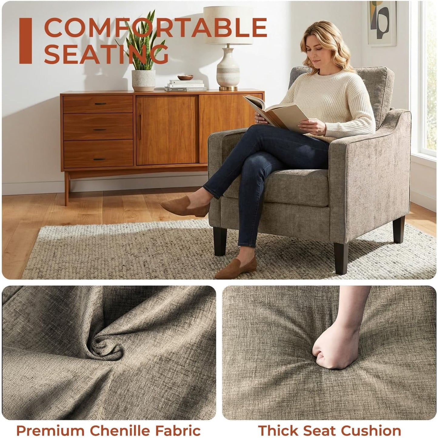 LAZY BUDDY Comfy Accent Chair for Living Room Bedroom and Waiting Room, Upholstered Mid-Century Reading Chair with Removable Cover & Wood Legs, Wide Singe Modern Lounge Sofa