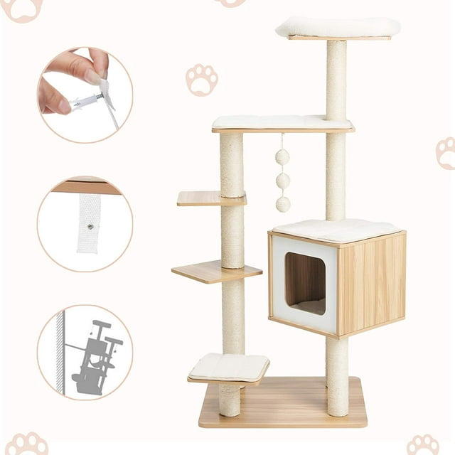 LAZY BUDDY 54.4'' Wooden Cat Tree Condo Multi-Level Cat Climbing Tower Activity Furniture with Scratching Post Washable Mat - Beige