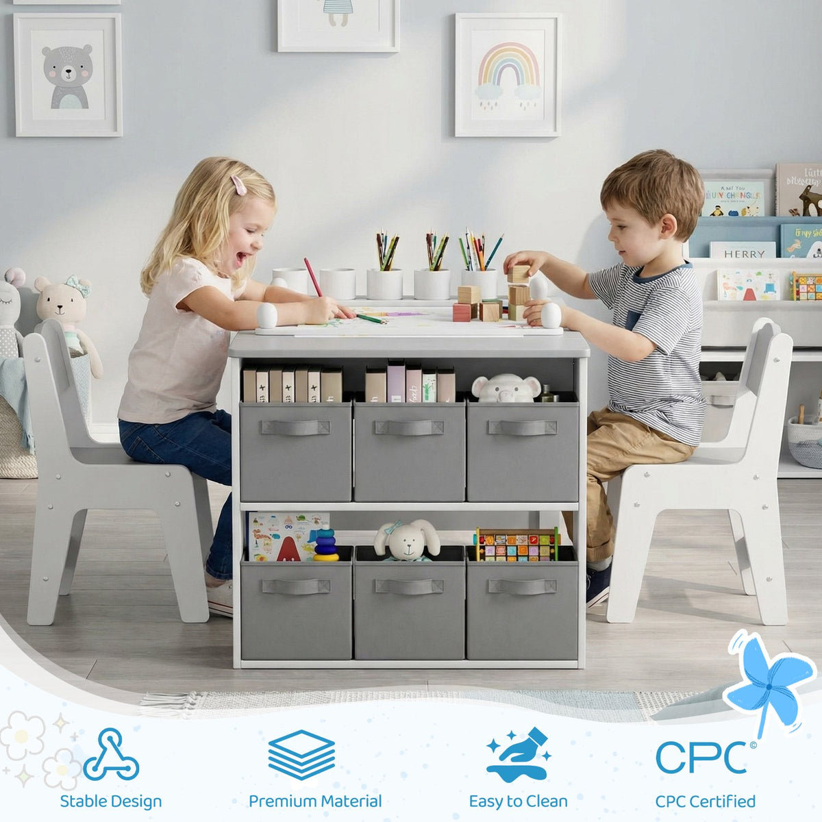 LAZY BUDDY Kids Art Table and Chairs Set, 2-in-1 Easel & Kids Craft Table and Chairs with Storage Bins, Paint Cups and Paper Roll