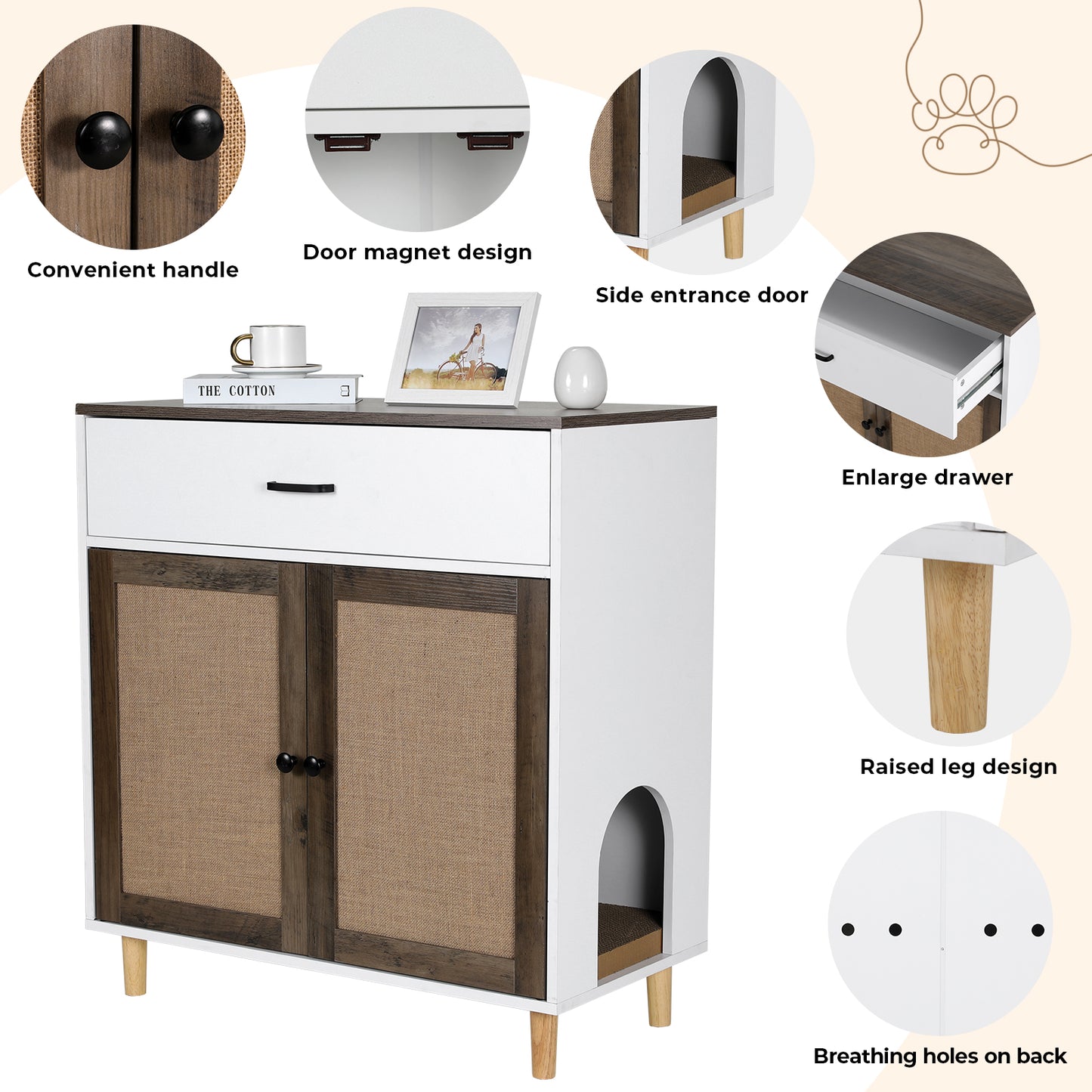 LAZY BUDDY Cat Litter Box Enclosure, Wooden Hidden Litter Box Furniture with Large Drawer and 2 Sisal Doors