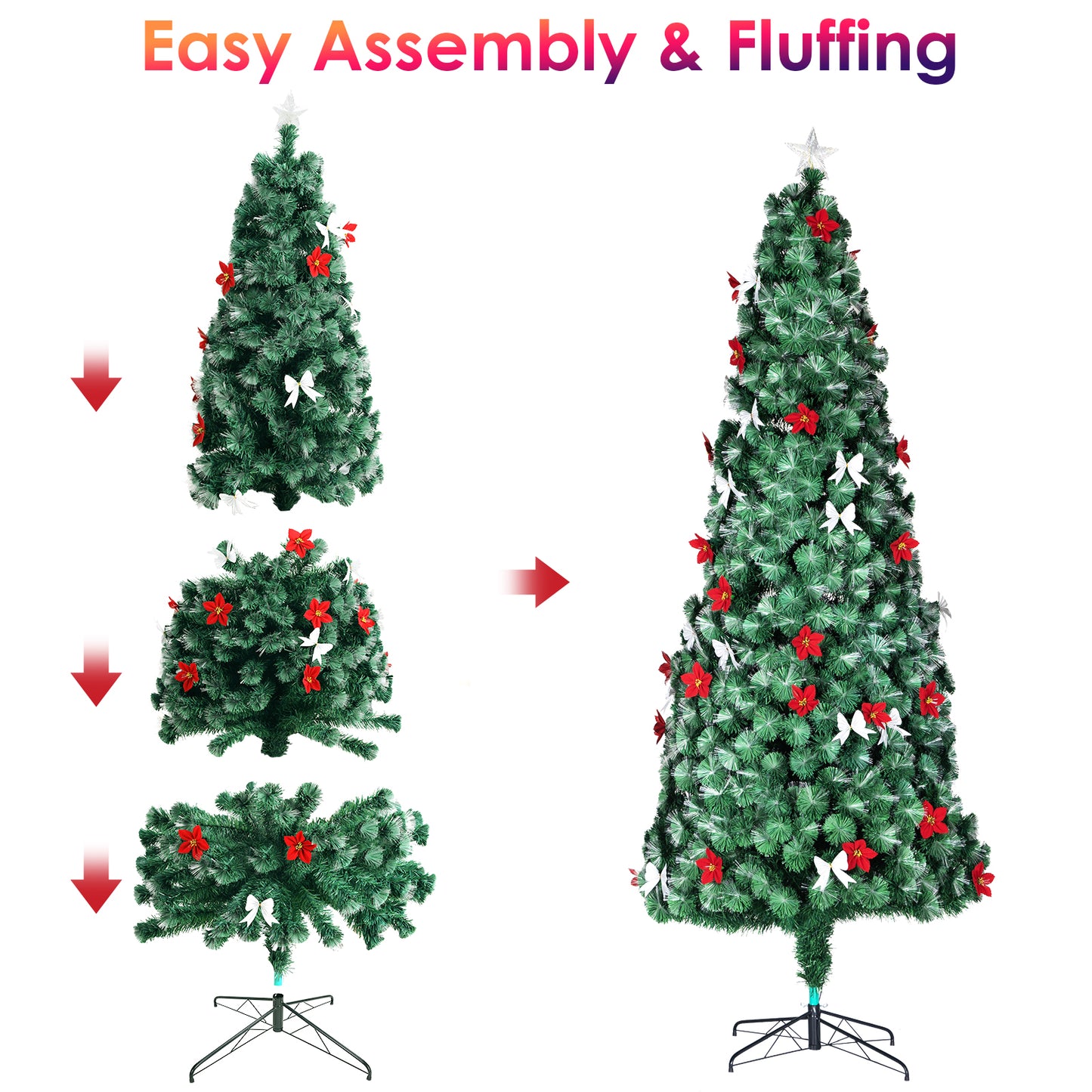 LAZY BUDDY Pre-Lit Christmas Trees, Fiber Optic Slim Pencil Xmas Tre with LED Lights, Top Star Light, Artificial Flowers, Foldable Metal Stand