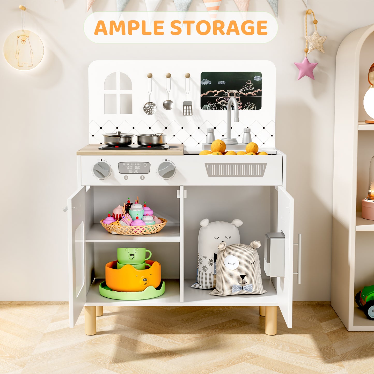 LAZY BUDDY Pretend Play Wooden Kids Kitchen Set, Toddler Toy Kitchen Playset with Graffiti Blackboard, Oven, Sink & Clicking Knobs