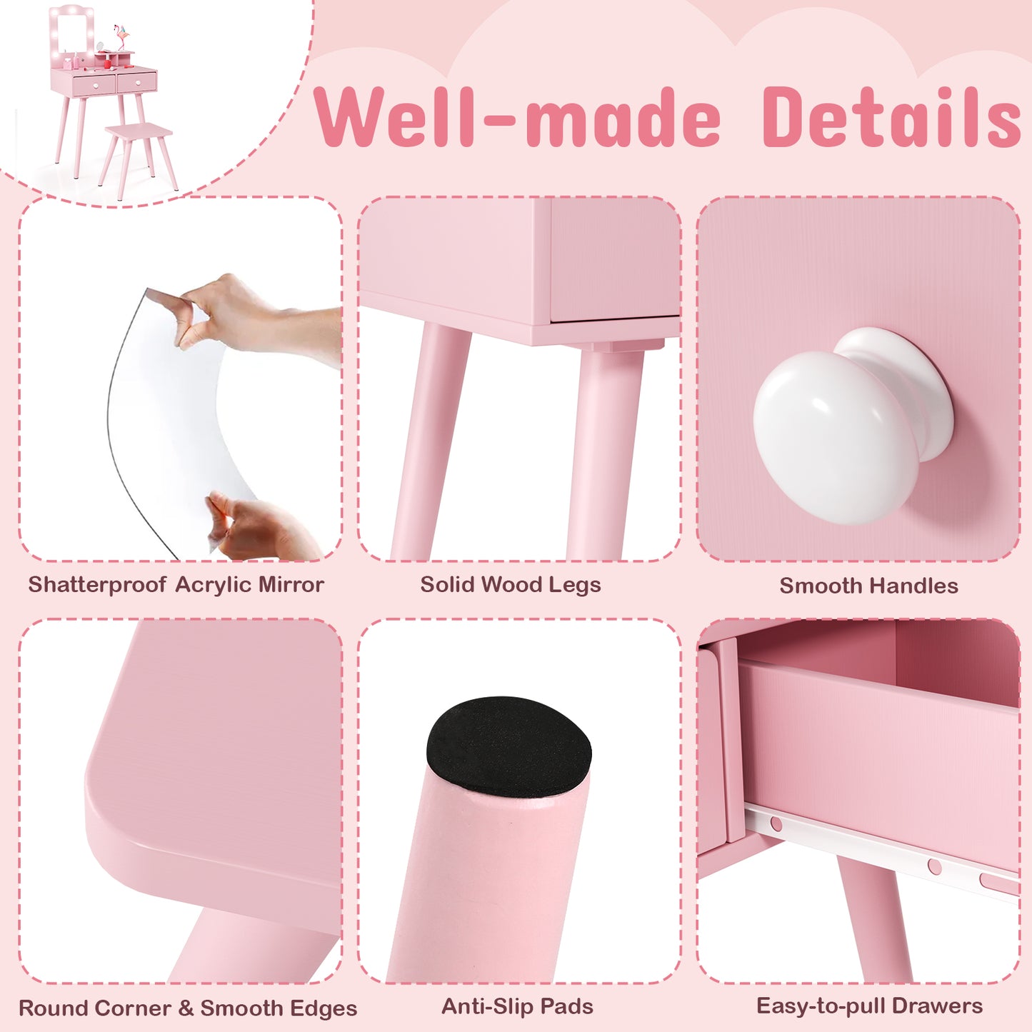 LAZY BUDDY Kids Vanity Set with Lights, Toddler Vanity Table with Mirror and Stool, Wooden Makeup Dressing Table for Children 3+