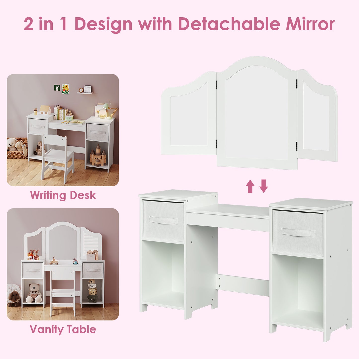 LAZY BUDDY Kids Vanity, 2 in 1 Princess Makeup Desk and Chair Set with Canvas Drawers Tri-Folding Detachable Mirror Large Storage Shelves, Wooden Dressing Table, Pretend Play Vanity Set