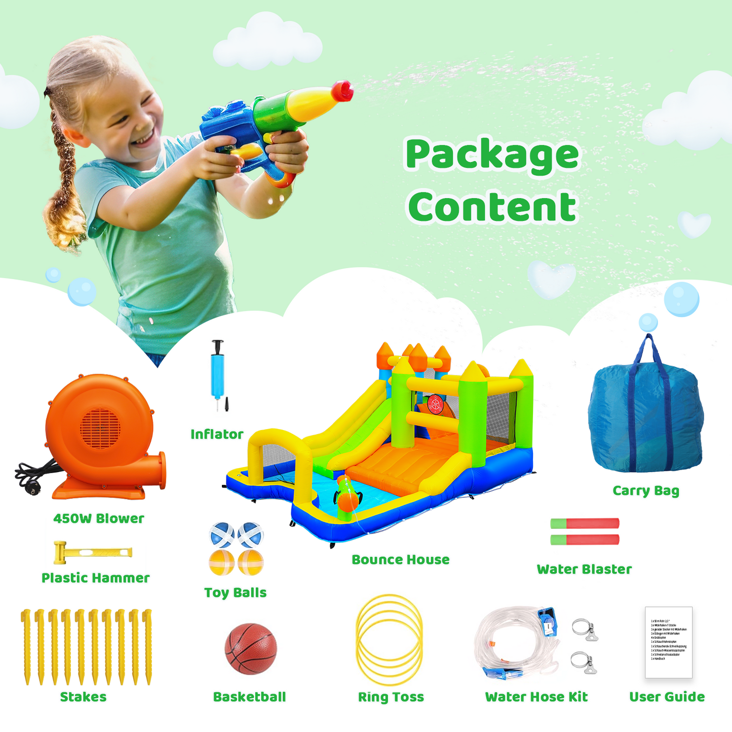 LAZY BUDDY Inflatable Water Slide Kids Bounce House with Splash Pool, Water Cannon, Climbing Wall, Blower & Basketball for Children Indoor / Outdoor Play