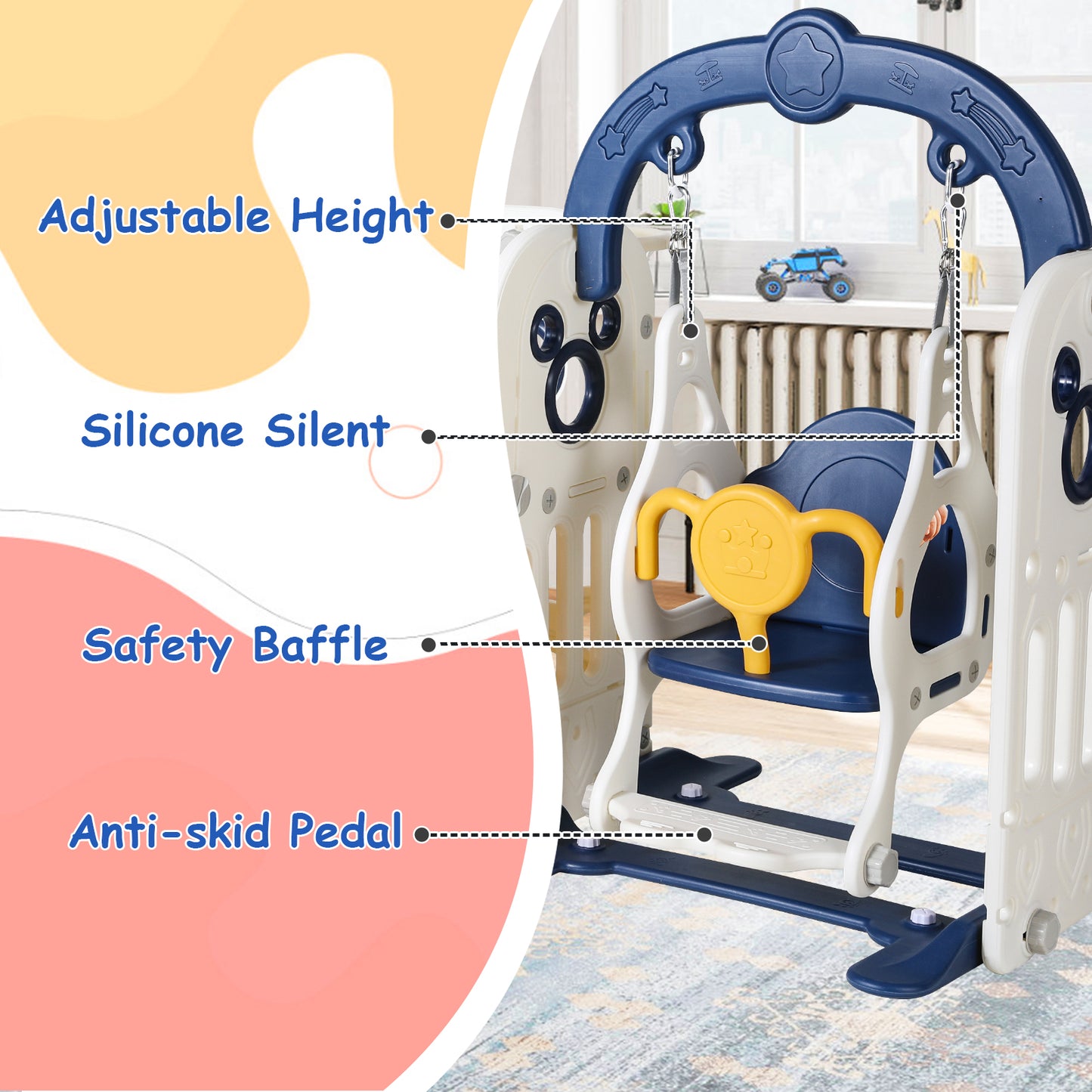 LAZY BUDDY Kids Slide and Swing Set, 5 in 1 Slide Climber for Toddler, with Ball & Hoop, Storage Space, Suction Cup Reinforced Base, Indoor Outdoor Playground