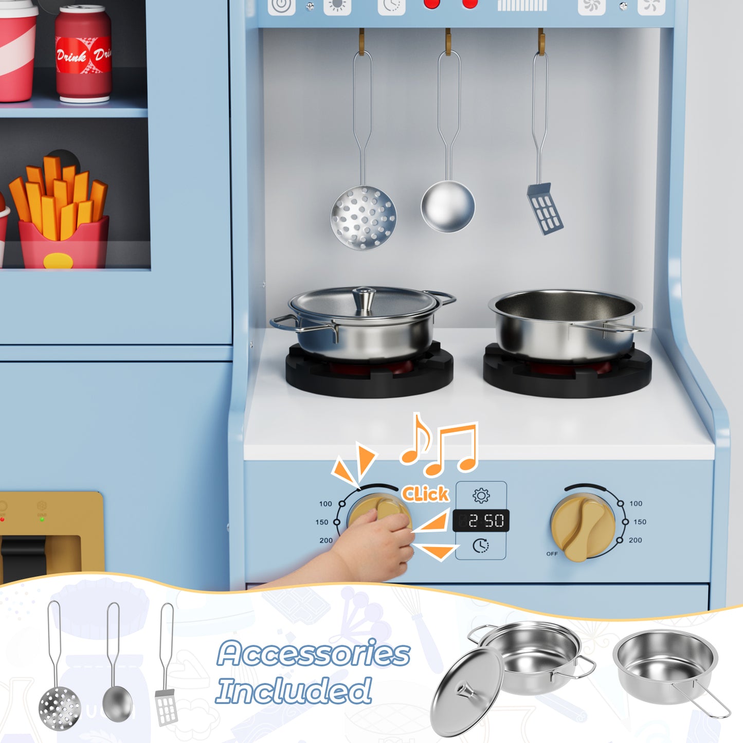 LAZY BUDDY Kids Kitchen Playset, Interactive Toy with Lights and Sounds, Toddlers Wooden Kitchen Playset with 5 Accessories