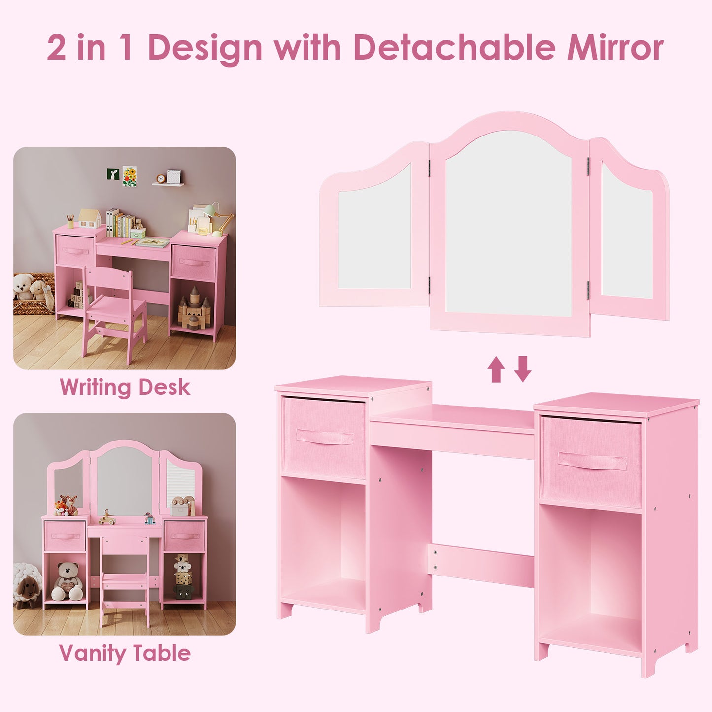 LAZY BUDDY Kids Vanity, 2 in 1 Princess Makeup Desk and Chair Set with Canvas Drawers Tri-Folding Detachable Mirror Large Storage Shelves, Wooden Dressing Table, Pretend Play Vanity Set