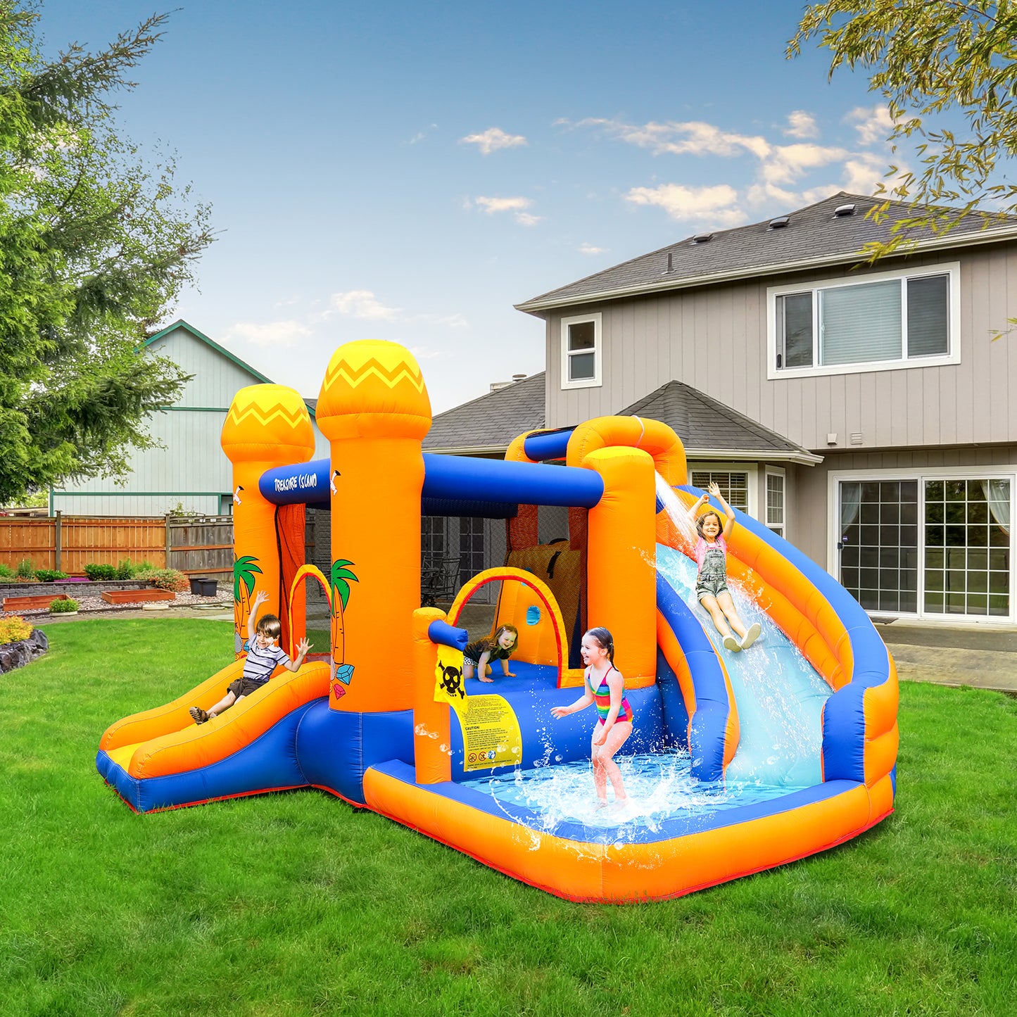 LAZY BUDDY Inflatable Bounce House with Blower, Outdoor Yard Water Slide Bounce House with Splash Pool & Jumping Area for Kids 3-12 Years