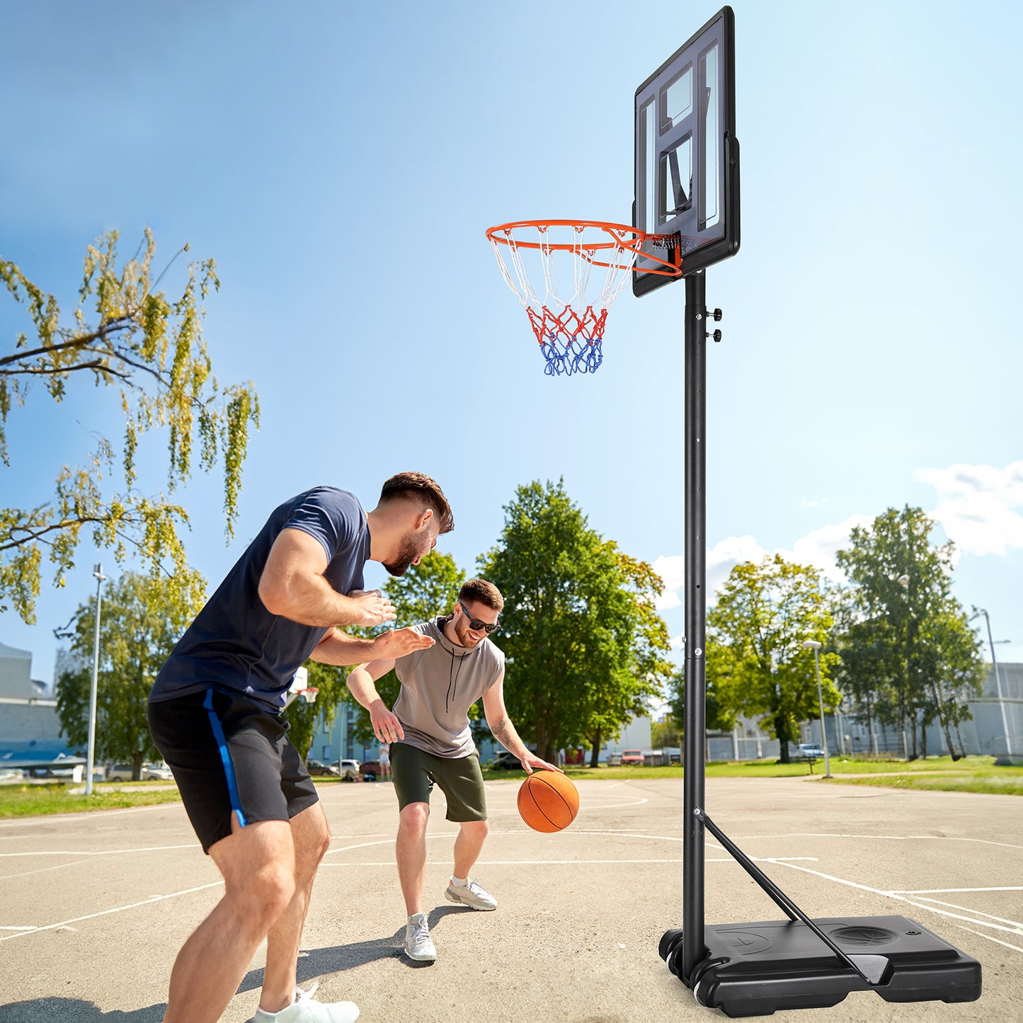 LAZY BUDDY Basketball Hoop, Outdoor Portable Basketball Goal System, 4.4-10 ft Height Adjustable for Kids Teen and Adult, with Wheels and Shatterproof