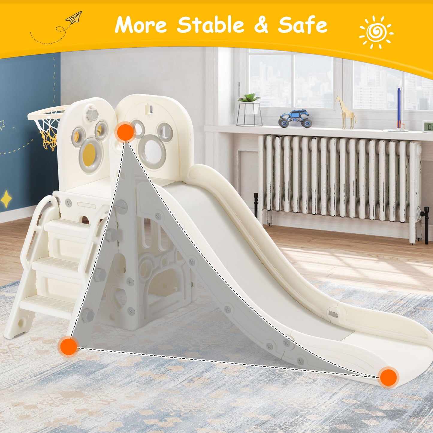 LAZY BUDDY Toddler Slide, 4-in-1 Kids Slide Play Climber, Freestanding Slide with Basketball Hoop, Baby Playset Indoor Outdoor Children Toys for Boys Girls White