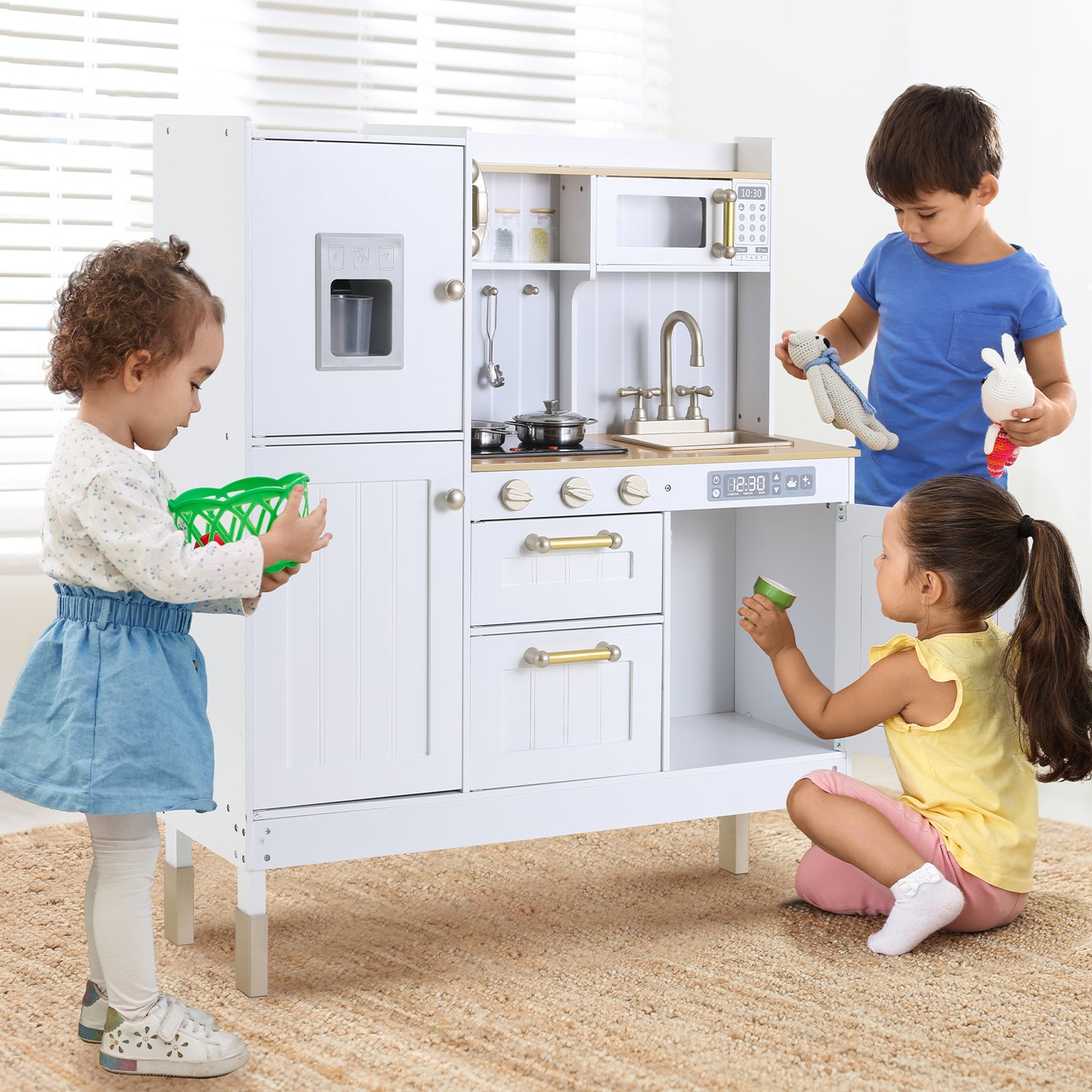 LAZY BUDDY Wooden Pretend Play Kitchen With Lights & Sounds, Telephone, Stove, Fridge, Microwave, Removable Sink, Ice Maker & Cookware Accessories