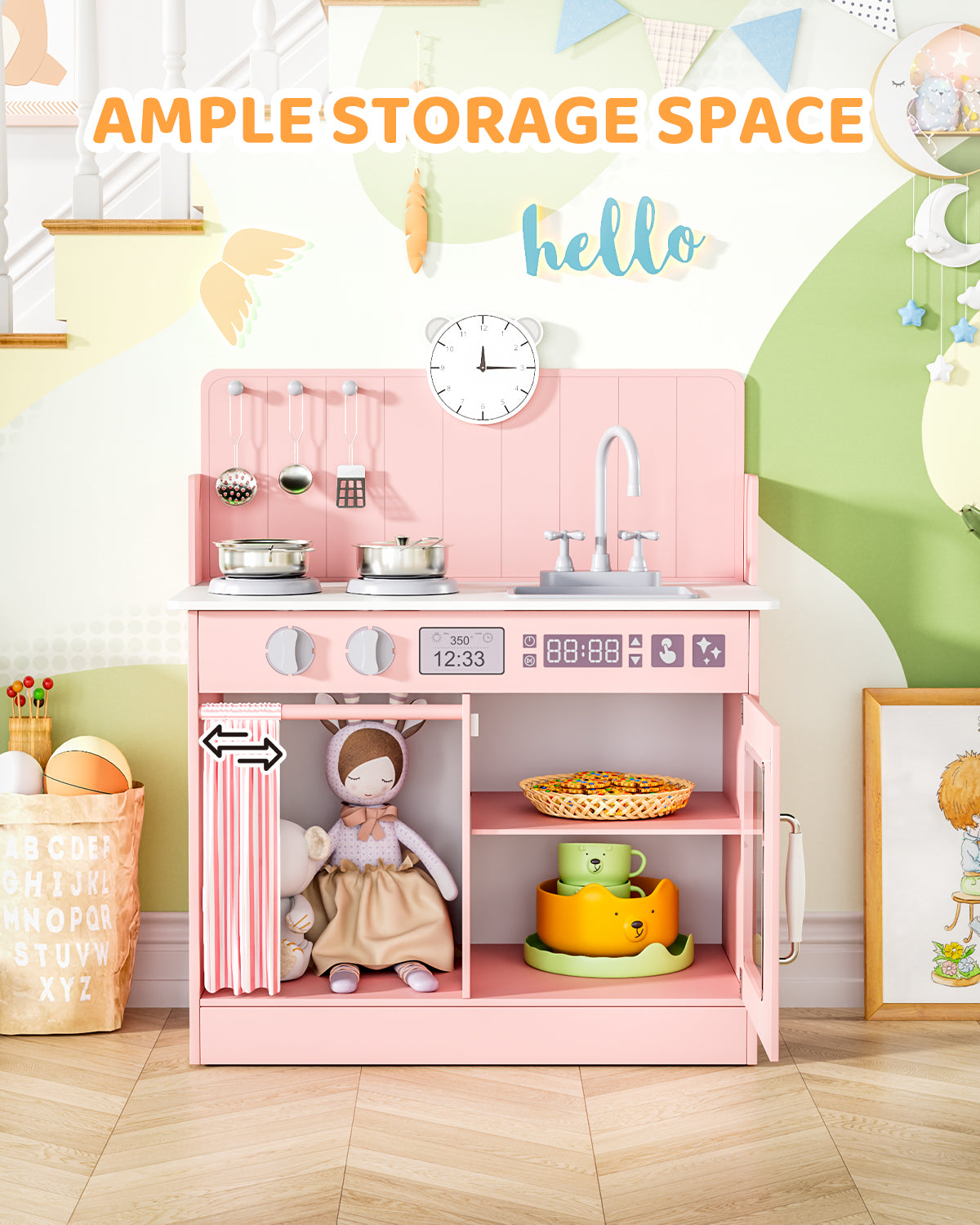 LAZY BUDDY Kids Play Kitchen, Wooden Kitchen Playset for Toddlers Interactive Pretend Play Toy with Clicking Knobs, Sink & Clock
