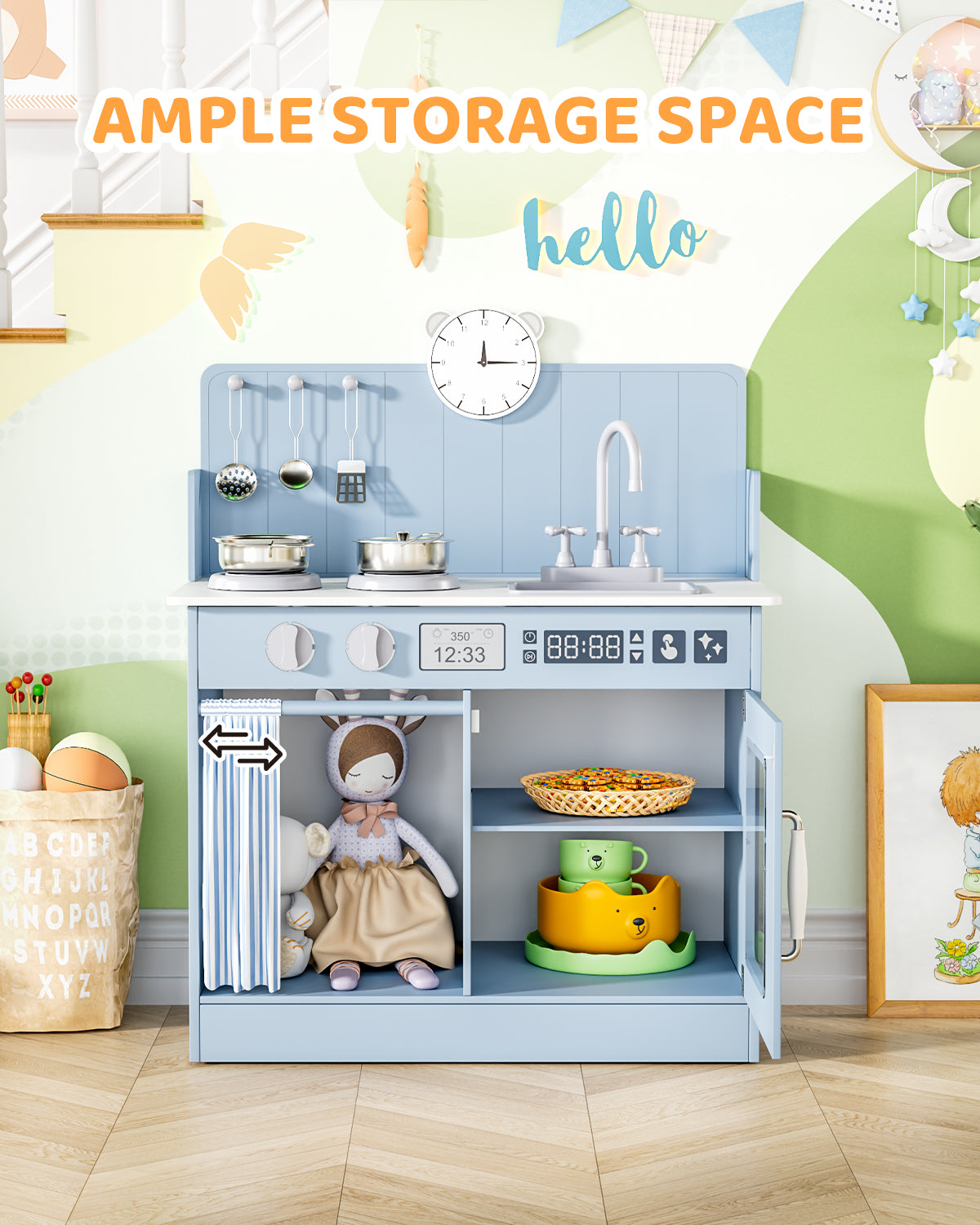 LAZY BUDDY Kids Play Kitchen, Wooden Kitchen Playset for Toddlers Interactive Pretend Play Toy with Clicking Knobs, Sink & Clock