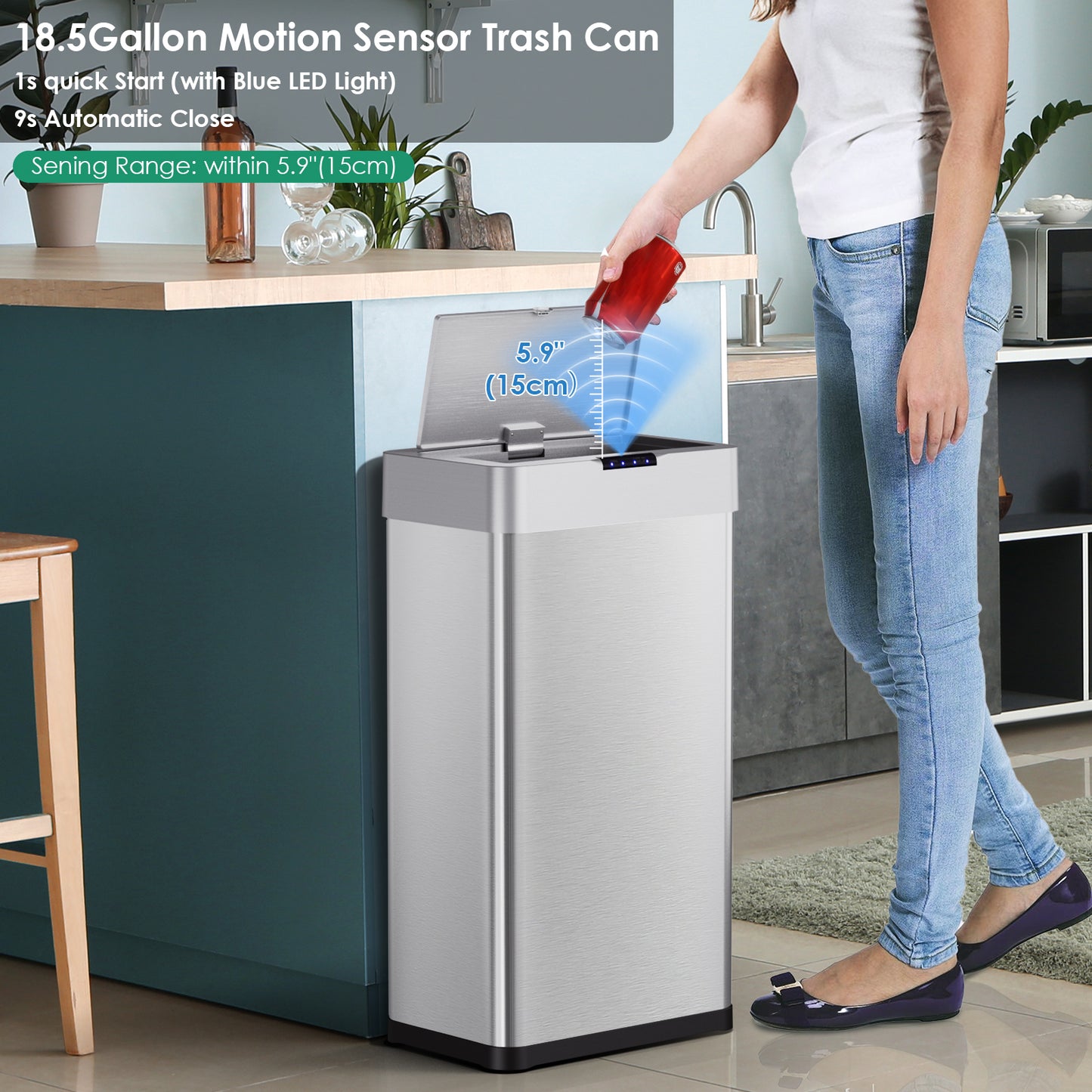 LAZY BUDDY 18.5/21.1 Gal Automatic Trash Can, Motion Sensor Garbage Bin W/ Soft-Close, Wings-Open Kitchen Trash Can for Living, Dining room, Kitchen, Silver Stainless Steel