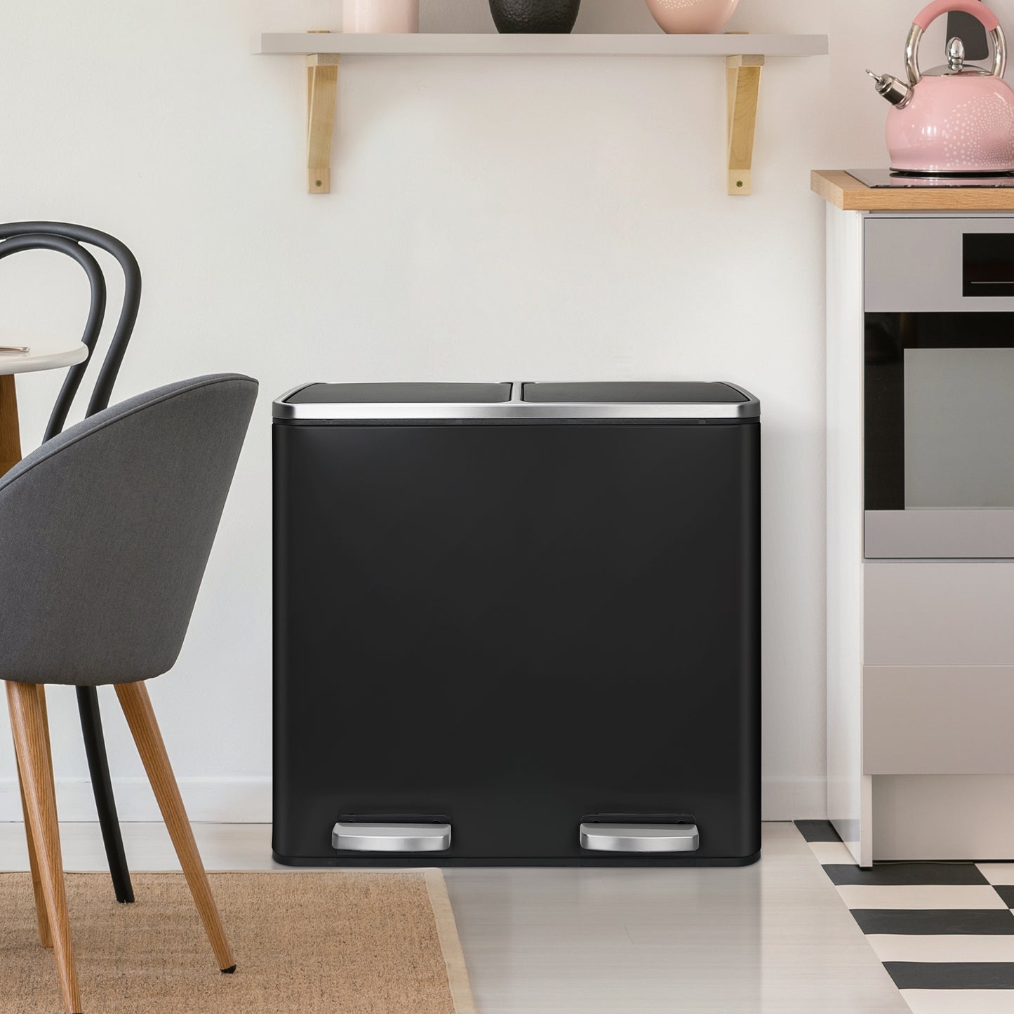 LAZY BUDDY Dual Step Trash Can Stainless Steel Kitchen Recycle Bin with Lid Black Pedal Bin for Kitchen, Living Room, Office