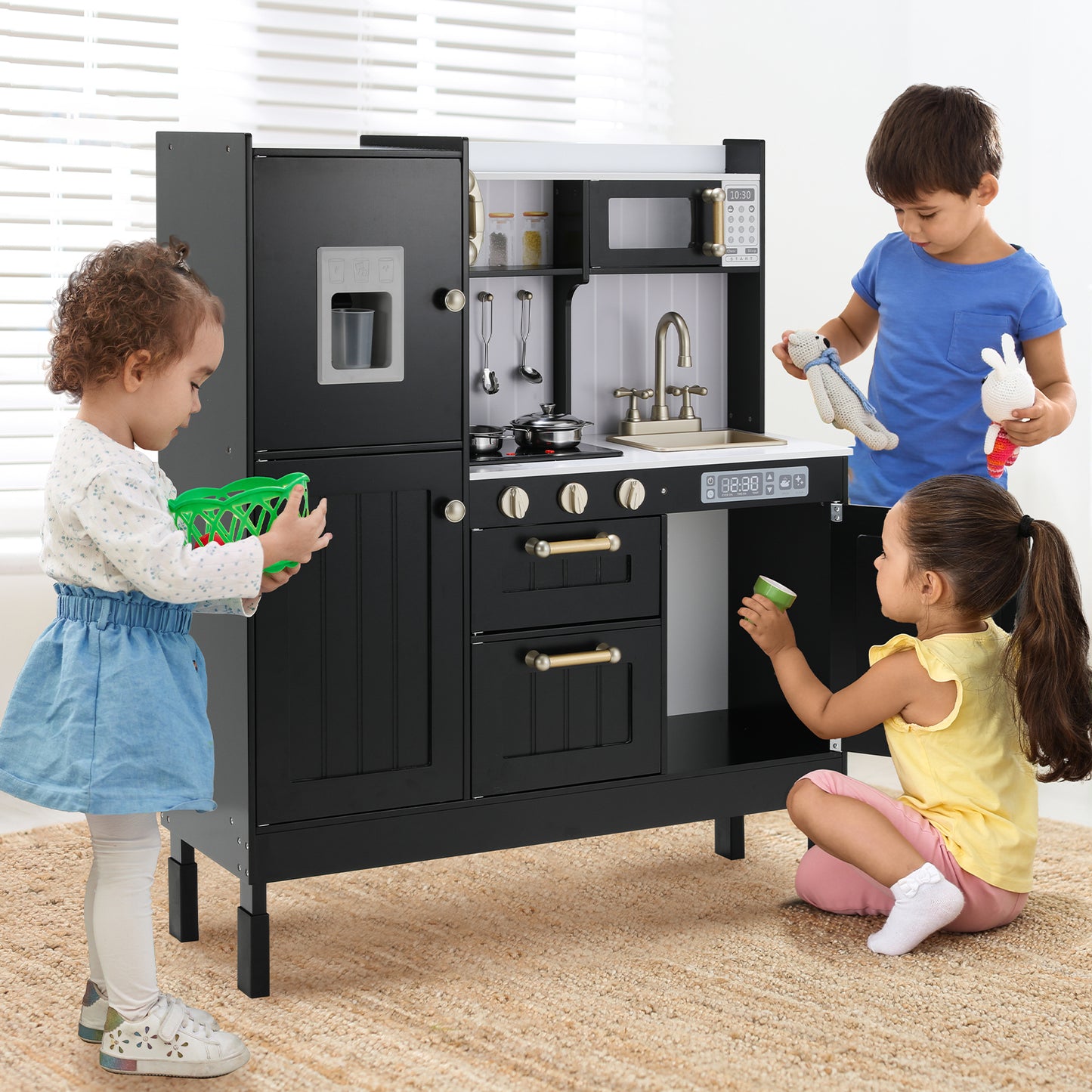 LAZY BUDDY Wooden Pretend Play Kitchen With Lights & Sounds, Telephone, Stove, Fridge, Microwave, Removable Sink, Ice Maker & Cookware Accessories