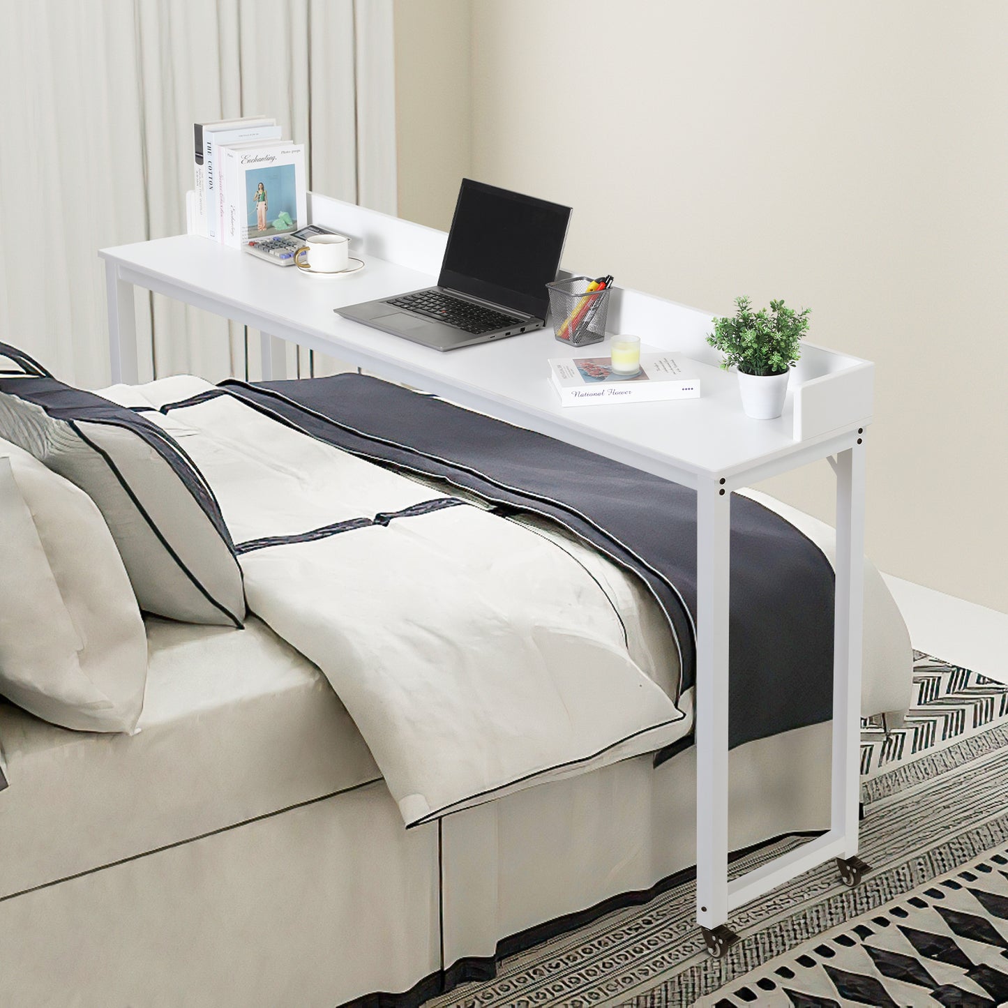 LAZY BUDDY Overbed Table with Wheels for Queen/Full Size Bed 70.8'' Rolling Bed Desk Standing Computer Desk