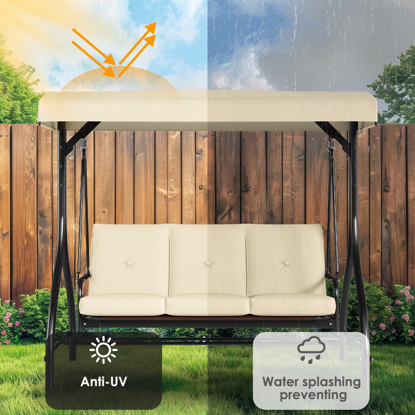 LAZY BUDDY Patio Swing Chair 3-Seat Converting Swing Glider Hammock for Garden, Backyard, Black, Burgundy