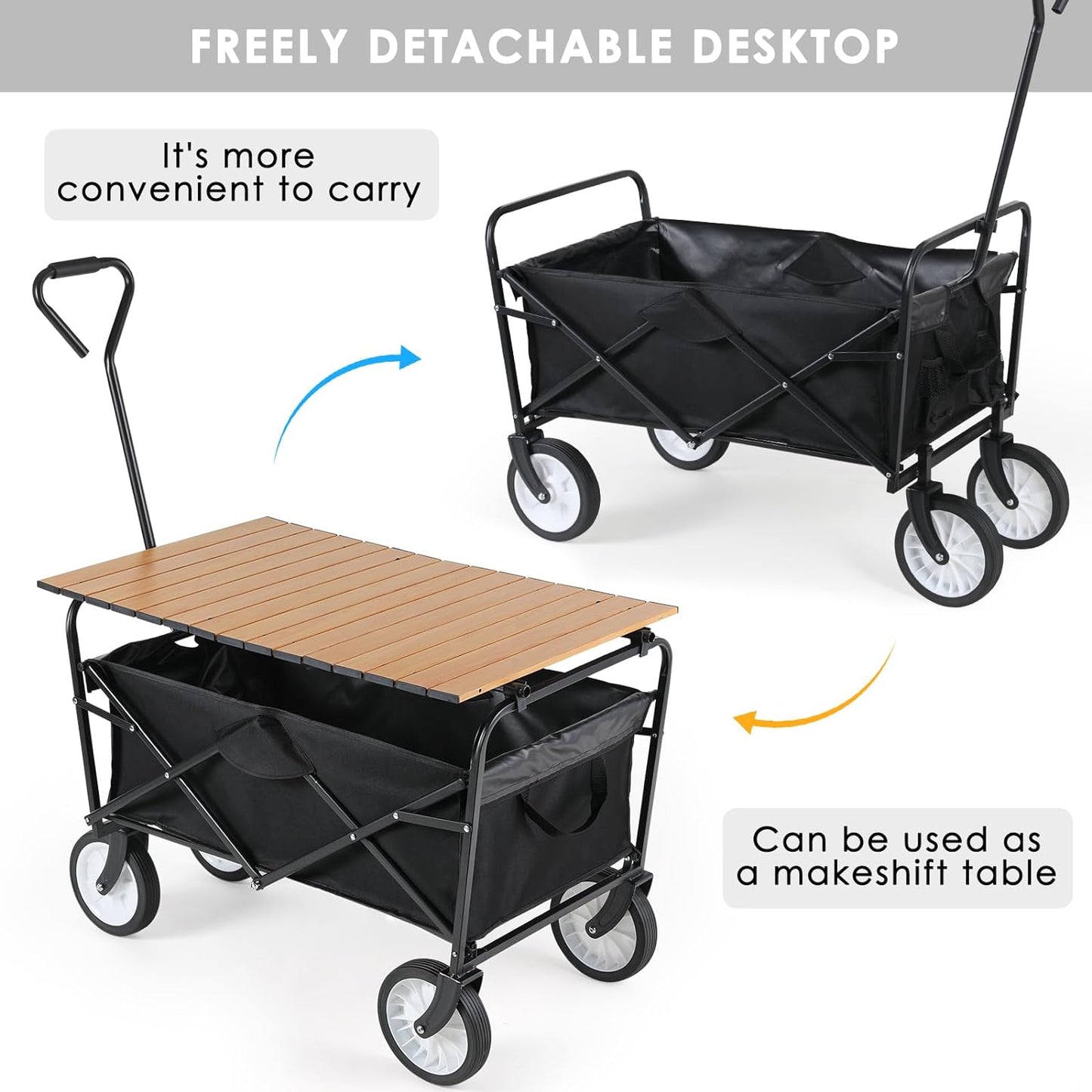 LAZY BUDDY Collapsible Folding Wagon, Utility Garden Cart with Metal Desktop, 150 LBS for Camping, Beach, Garden, Grocery