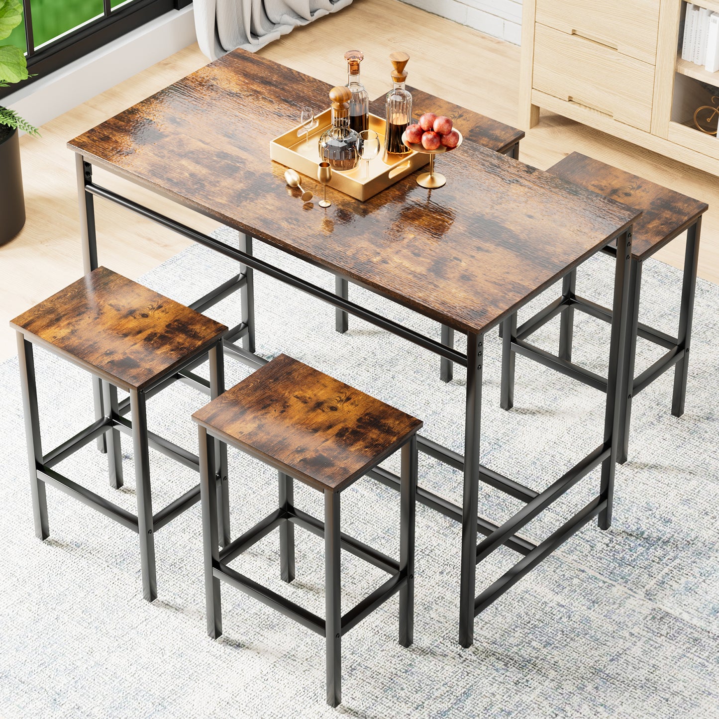 LAZY BUDDY 5-Piece Bar Table Set, Compact Counter Height Kitchen Dining Table with 4 Stools for Apartment, Small Spaces