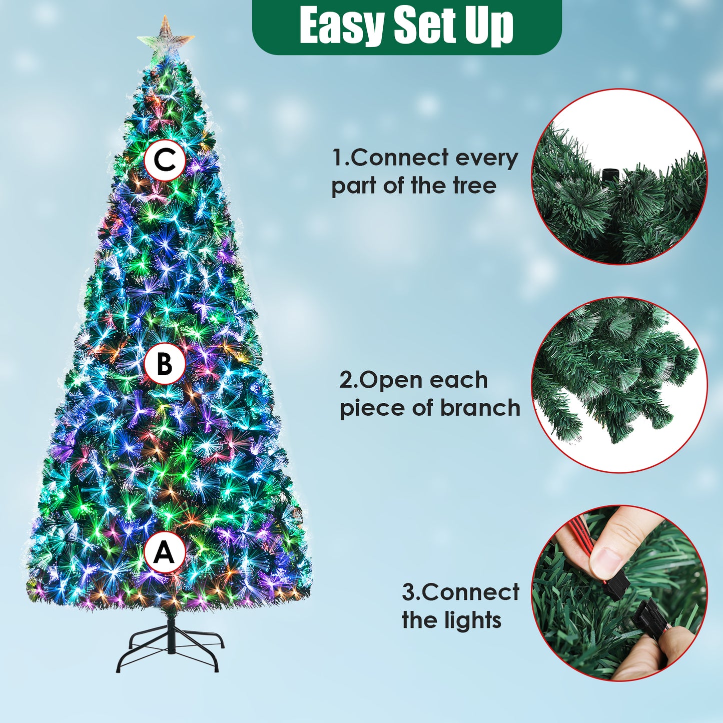 LAZY BUDDY Artificial Pre-Lit Christmas Tree, Optical Fiber Evergreen Tree, Xmas Full Tree with Multi- Color Lights, Top Star, Foldable Metal Base