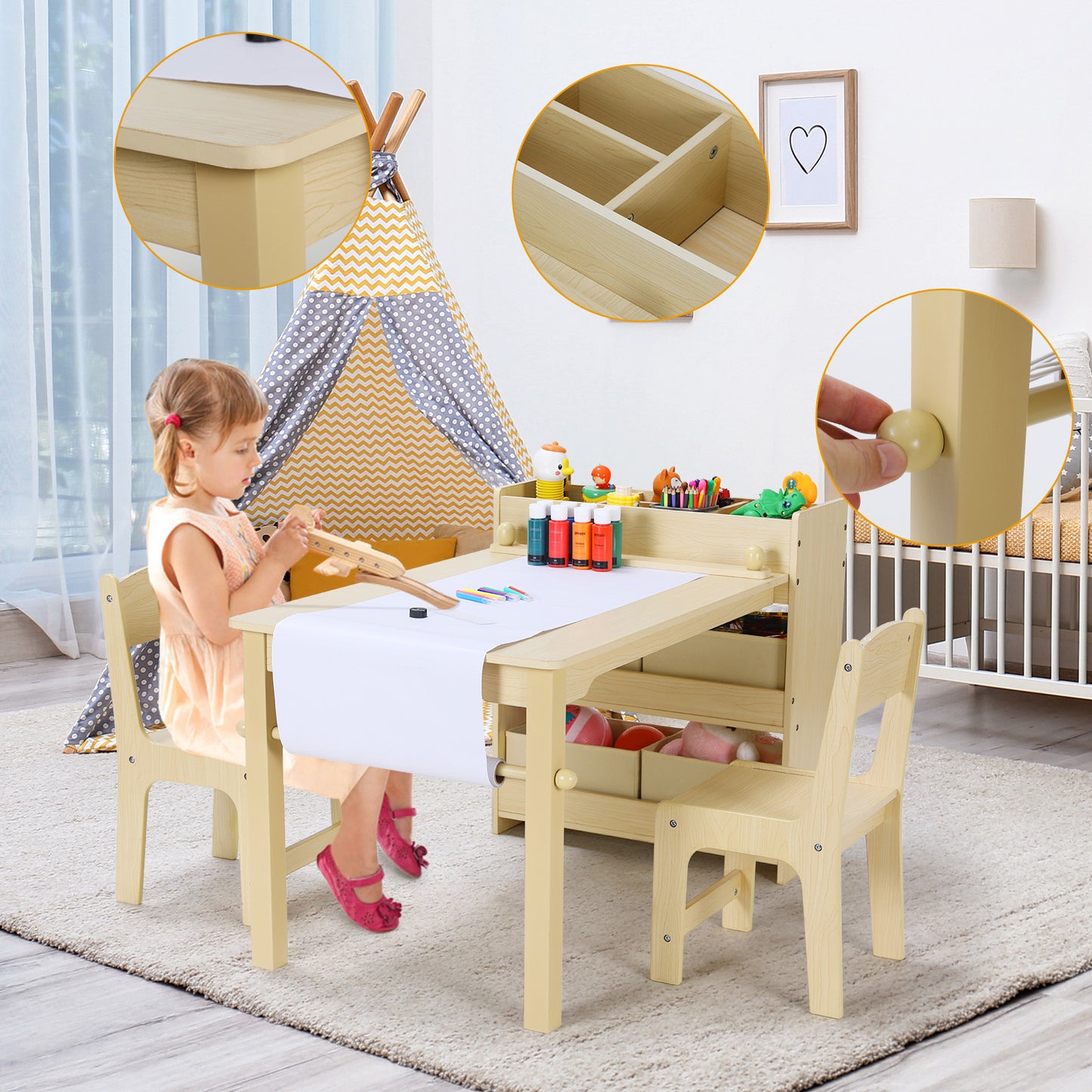 LAZY BUDDY Kids Table and 2 Chairs Set Wood with 4 Storage Shelves and Paper Roll Kids Activity and Study Table Furniture