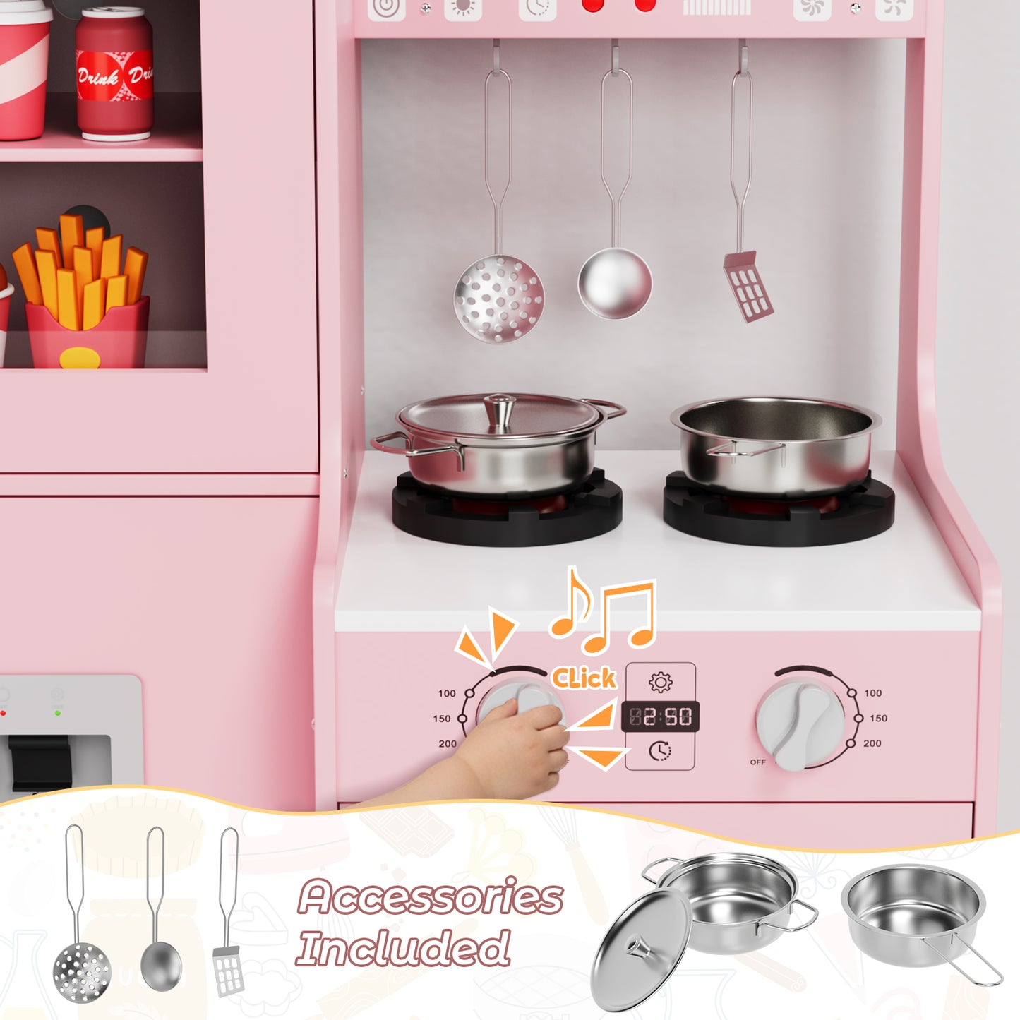 LAZY BUDDY Kids Kitchen Playset, Interactive Toy with Lights and Sounds, Toddlers Wooden Kitchen Playset with 5 Accessories