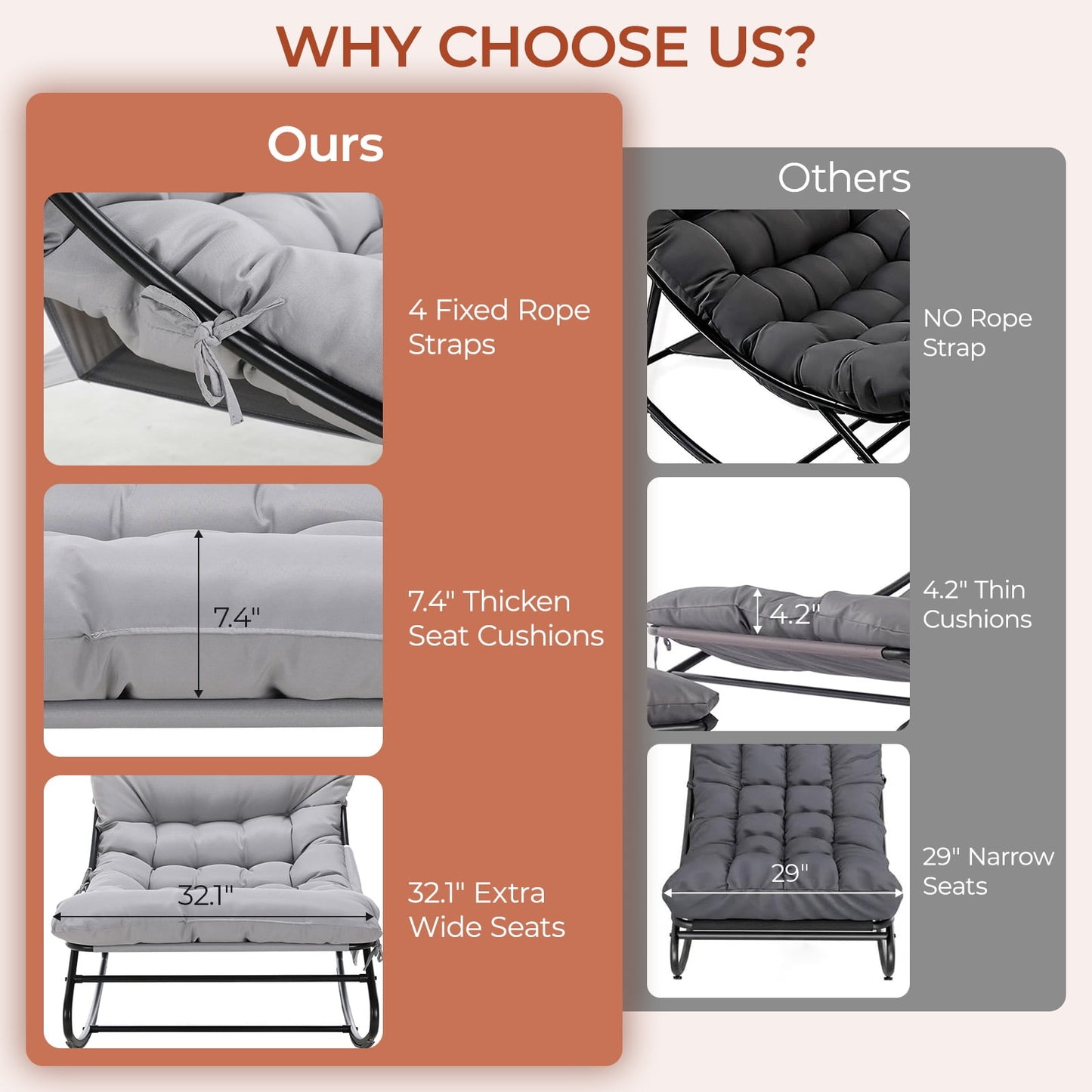 LAZY BUDDY Oversized Outdoor Rocking Chair, Comfy Papasan Rocker Chair with Thick Cushions for Living Room, Bedroom, Balcony, Patio