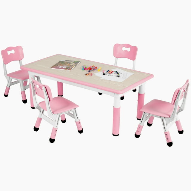 LAZY BUDDY Kids Study Table and 4 Chairs Set, Height Adjustable Plastic Children Art Desk, Multi Activity Toddler Furniture with Paintable Desktop - Multi Choices