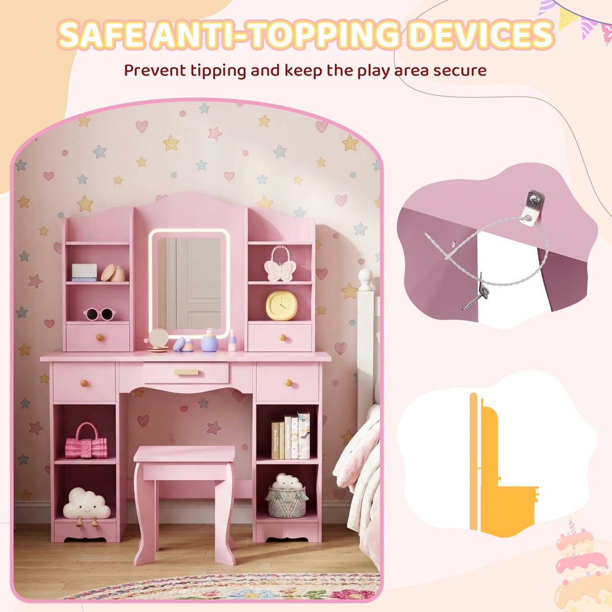 LAZY BUDDY Wooden Kids Vanity Table with Lights, Mirror and Stool, 2 in 1 Toddler Pretend Play Dressing Table with Drawers & Open Shelves for Little Girls