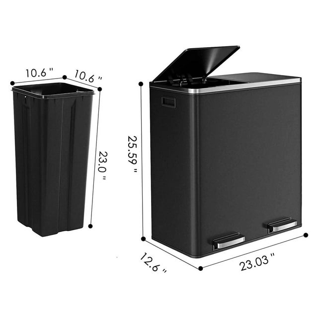 LAZY BUDDY Dual Garbage Can, Stainless Steel 16 Gallon Step Can W/ Foot Pedal, Double Compartment Garbage Recycling Bin