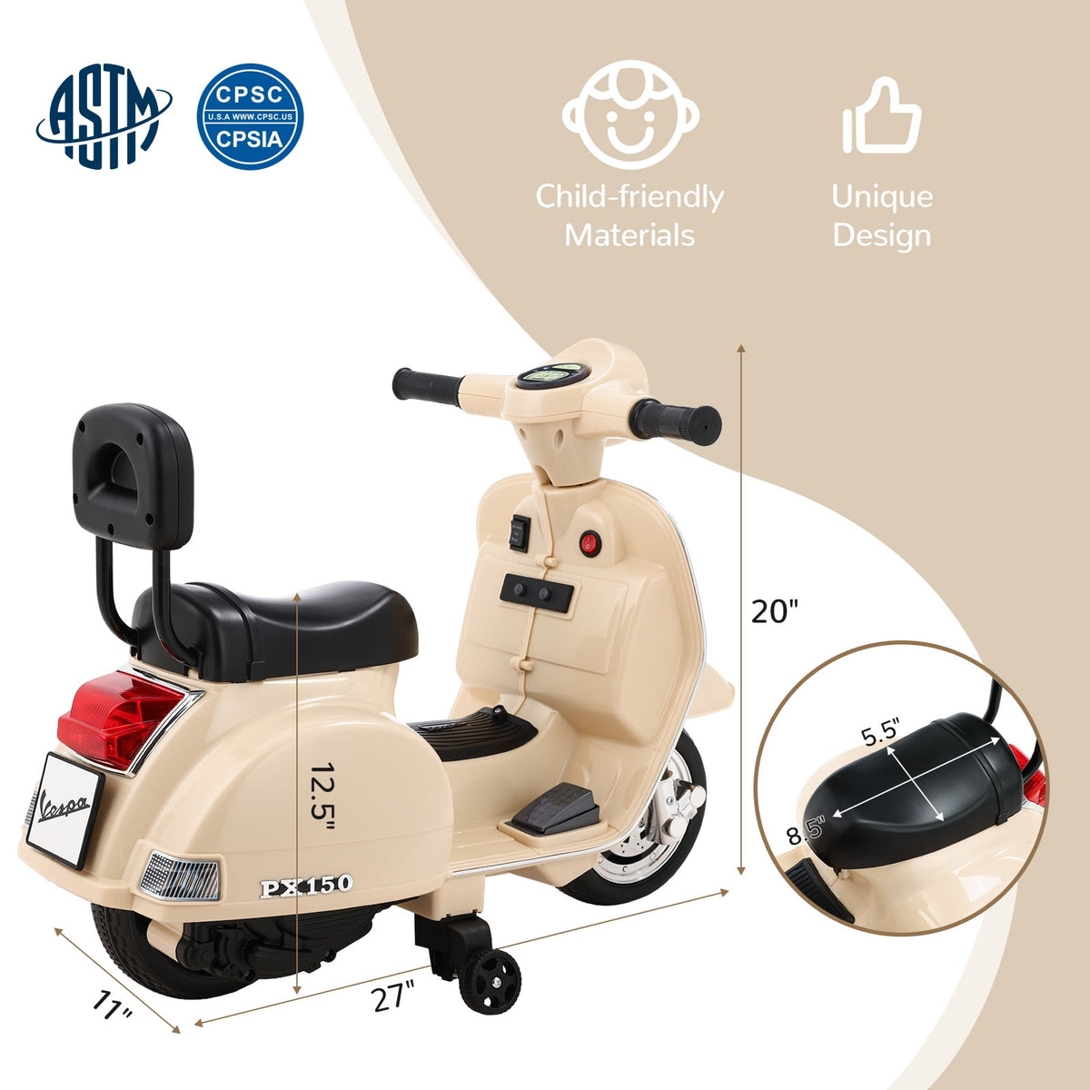 LAZY BUDDY Licensed Vespa Ride on Scooter, 6V Electric Motorcycle for Kids with Training Wheels, LED Headlight, Ride on Toy Gift for 3+