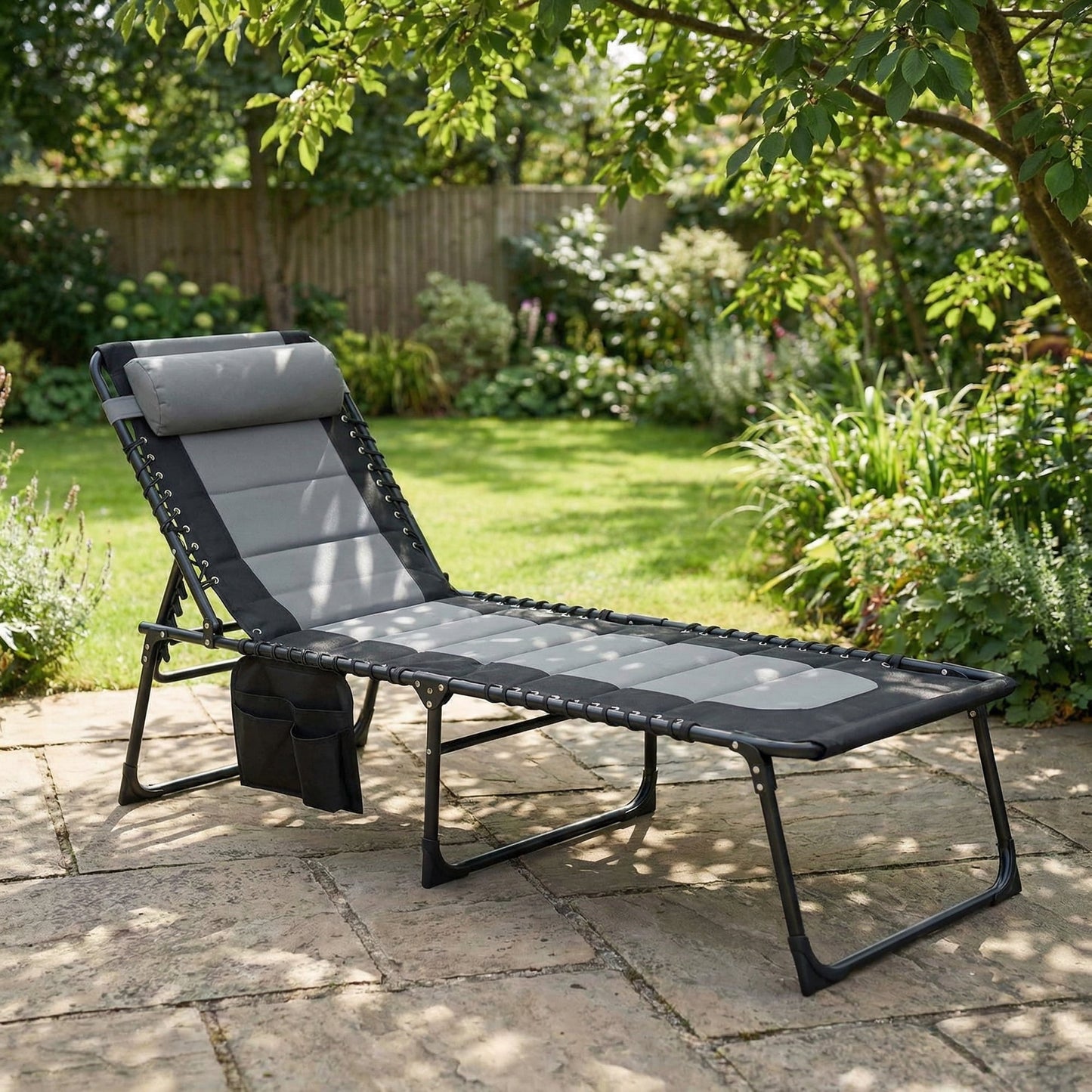 LAZY BUDDY Adjustable Padded Lounge Chair, Folding Chaise Lounger with Pillow & Side Pocket, Portable Reclining Chair with Carrying Handle for Outdoor Sunbathing, Patio, Beach, Poolside