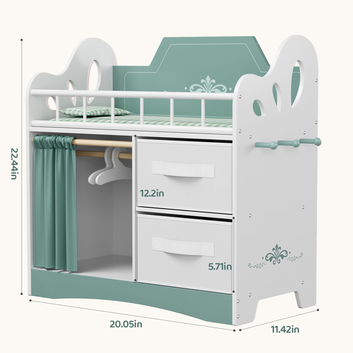 LAZY BUDDY Baby Doll Cirb, Wooden Doll Bed with 2 Storage Drawers, 2 Hangers, Pillow & Sheet