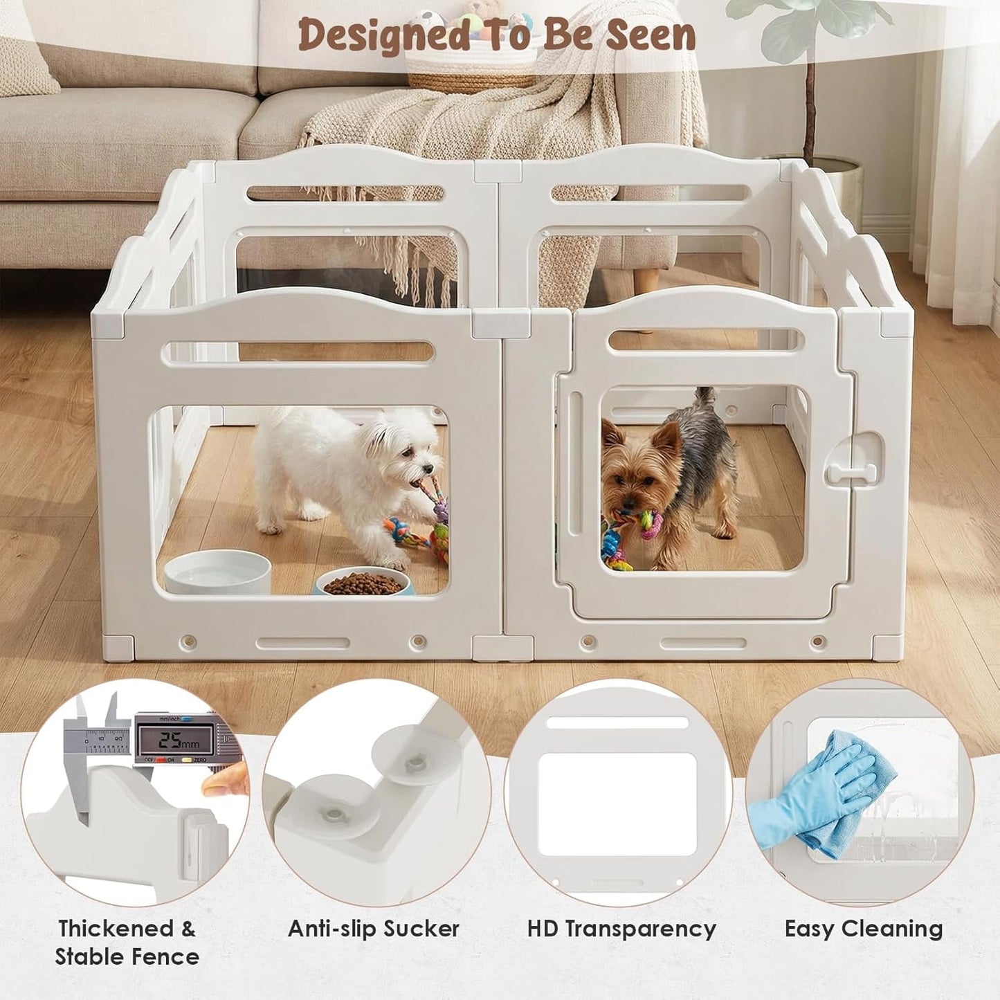 LAZY BUDDY Clear Acrylic Dog Playpen 49.6''x49.6''x23.6'', Indoor Pet Kennel with Locking Door, Plastic Safety Fence Pet Play Pen Whelping for Puppy, Kitten, Small Dogs