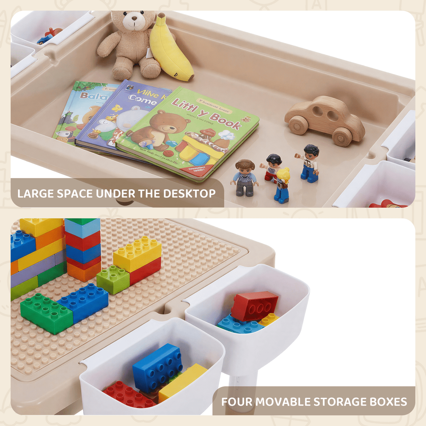LAZY BUDDY Kids Table and Chairs Set with Storage Boxes, Height Adjustable Toddler Activity Table and 2 Chairs Set with Graffiti & Building Blocks Double-Sided Tabletop