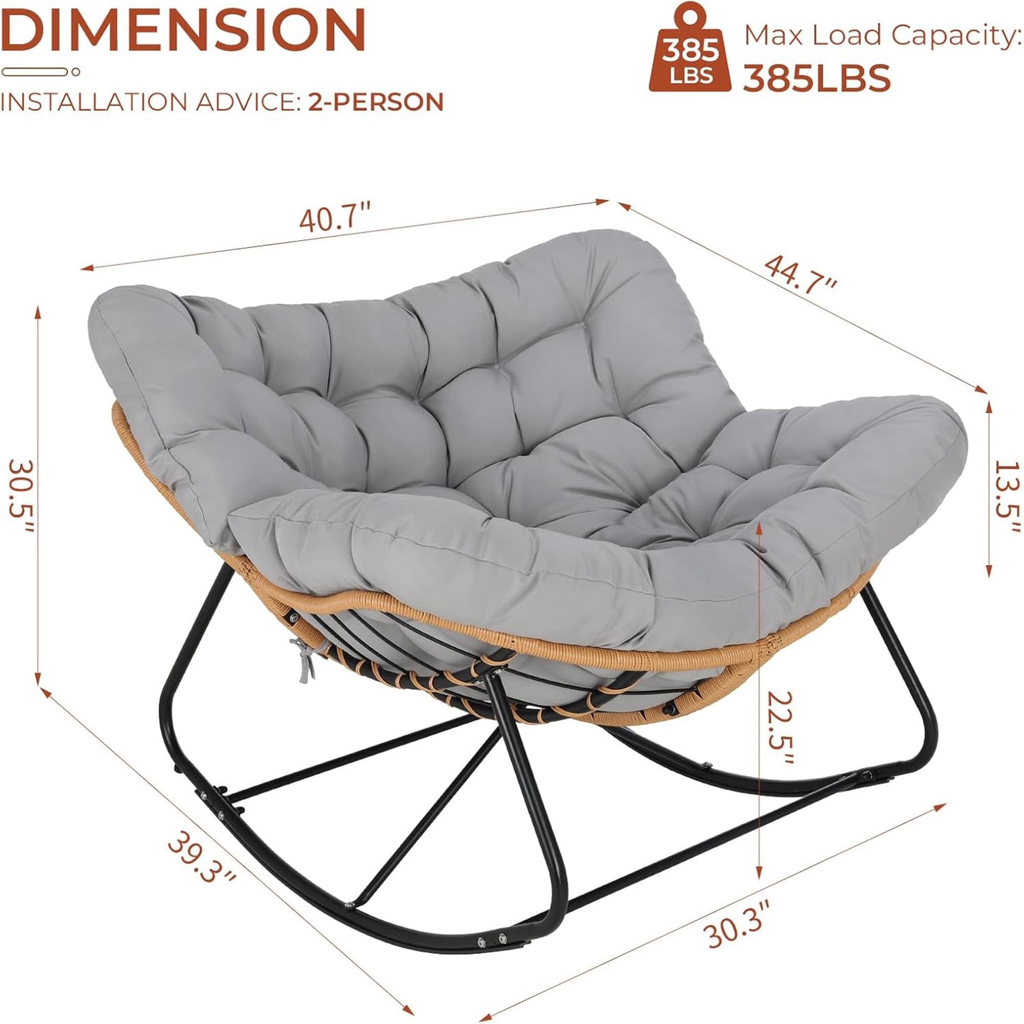 LAZY BUDDY Outdoor Papasan Rocking Chair, Oversized Lounge Chair Rocker with Thick Cushion, for Patio, Balcony, Porch and Indoor