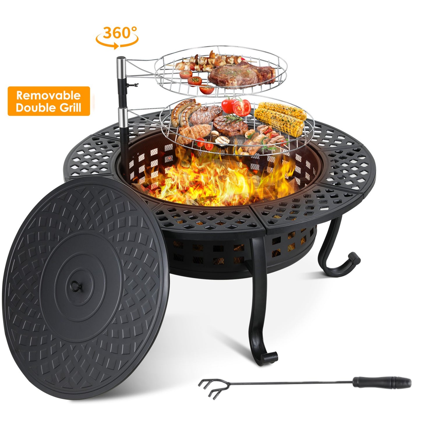 LAZY BUDDY Metal Fire Pits for Outdoor, 37'' Round Wood Burning Fire Pit Table with 2 Removable 360 Degree Swivel Cooking Grills, Lid and Fire Poker, for Outside Patio BBQ Firepit Bonfire Party