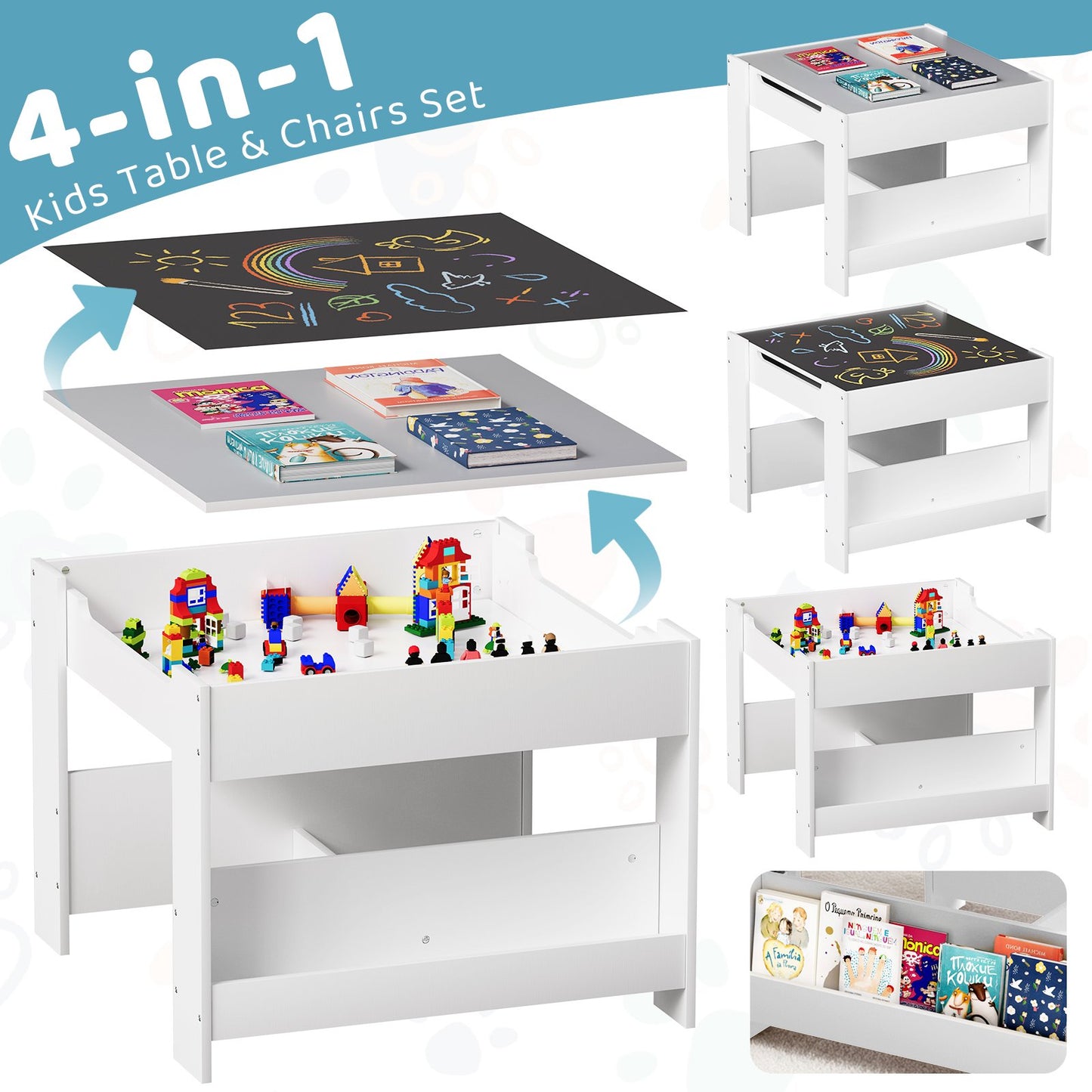 LAZY BUDDY Kids Table and Chairs Set, Toddler Desk with Storage Drawer, Wooden Activity Table Set with Detachable Tabletop, Bookshelf for Classroom/Home/Nursery