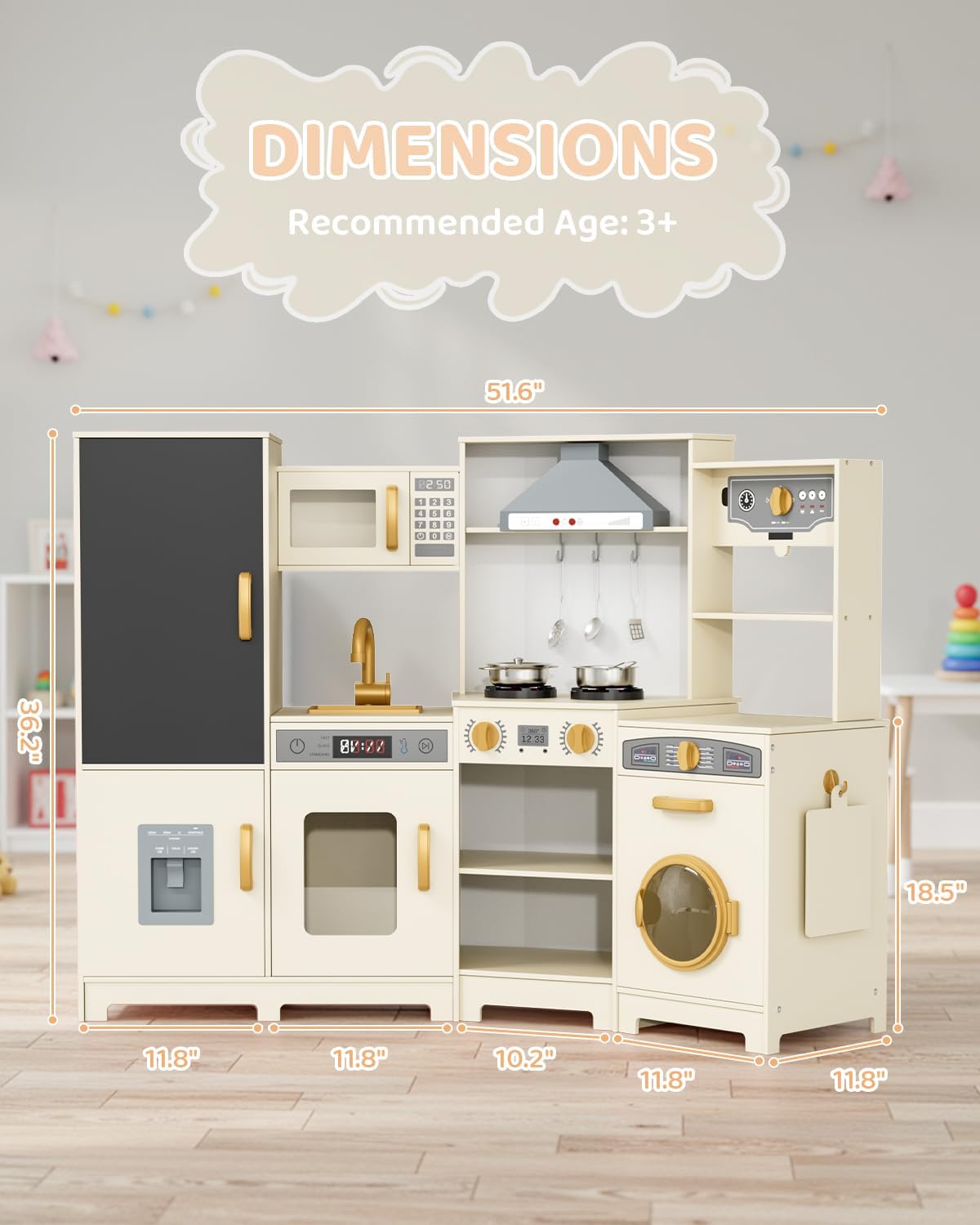 LAZY BUDDY Pretend Play Corner Kitchen, Ultimate Interactive Wooden Kids Kitchen Playset with Range Hood, Chalkboard, Ice Maker