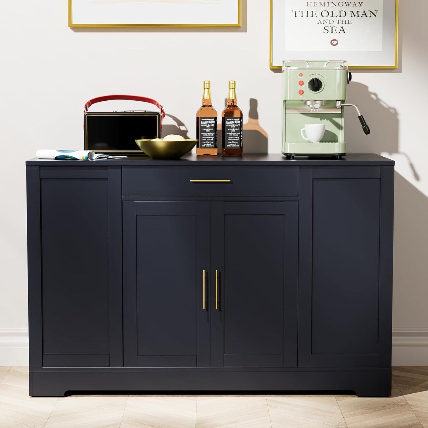 LAZY BUDDY 53" Large Kitchen Island w/ Trash Can Storage Cabinet, Wooden Stationary Storage Pantry for 13 Gallon Garbage Bin with Drawer, Adjustable Double Door Cabinet, 3 Layer Open Side Racks