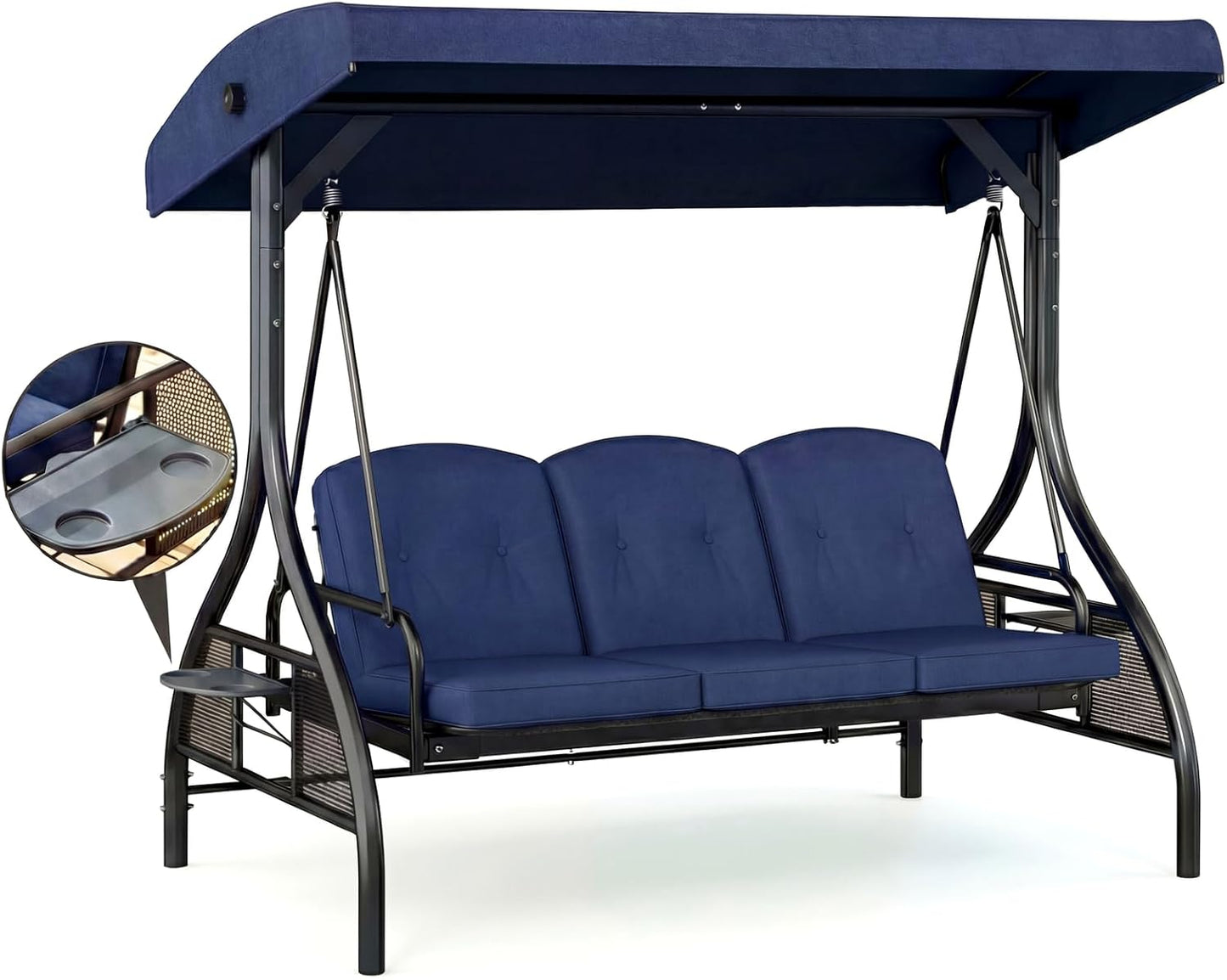 LAZY BUDDY Outdoor Porch Swing with Canopy and Stand, 3 Person Patio Swing for Adults, Convertible 2 in 1 Porch Swing Bed with Cup Holder, 750lbs