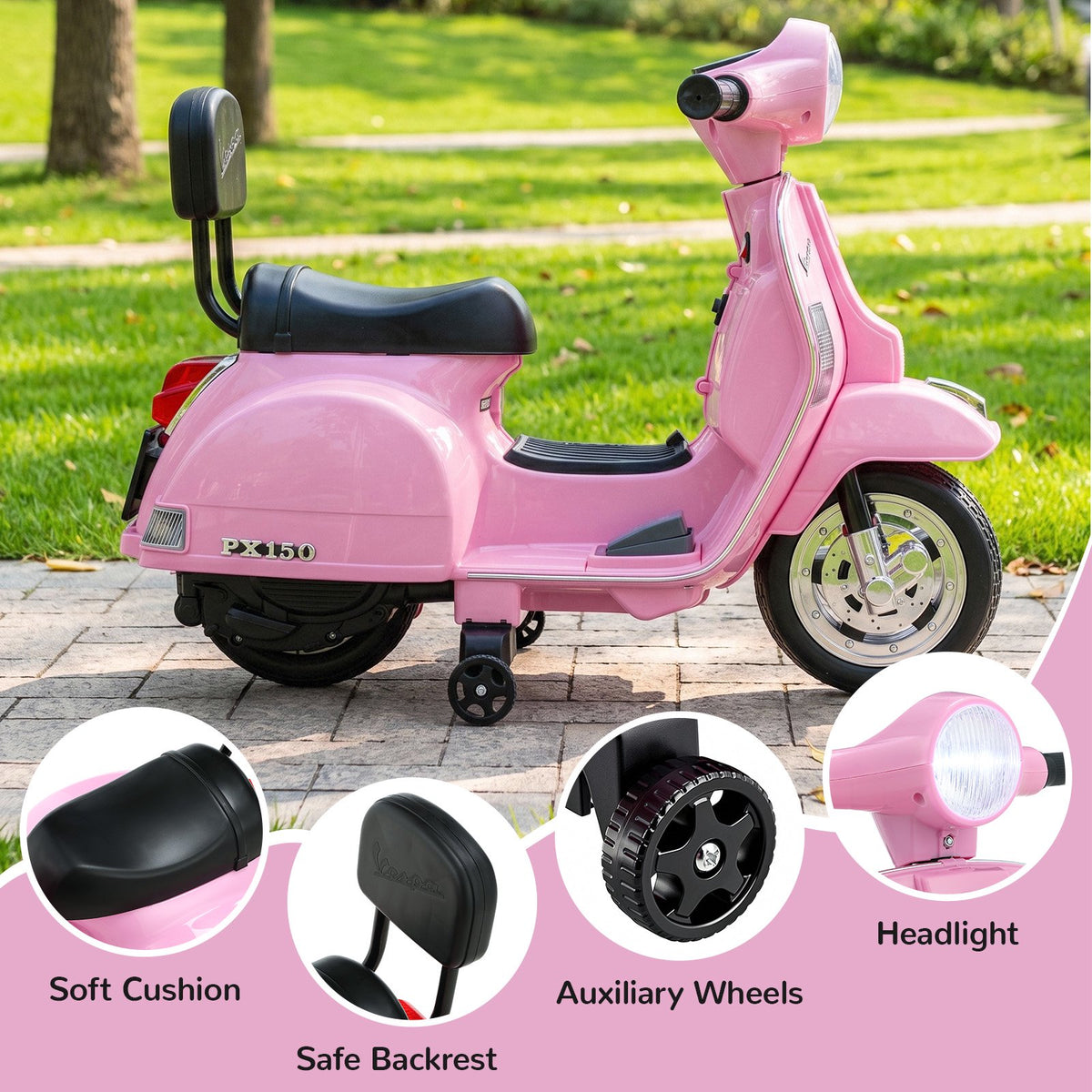 LAZY BUDDY Licensed Vespa Ride on Scooter, 6V Electric Motorcycle for Kids with Training Wheels, LED Headlight, Ride on Toy Gift for 3+