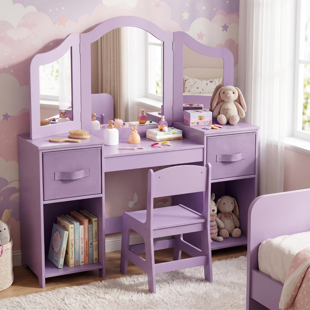 LAZY BUDDY Kids Vanity Set, 2 in 1 Princess Makeup Desk and Chair Set with Canvas Drawers Tri-Folding Detachable Mirror Large Storage Shelves, Wooden Dressing Table, Pretend Play Vanity Set