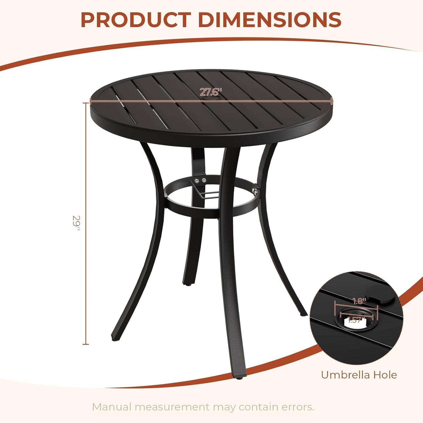 LAZY BUDDY Outdoor Dining Table for 4-6, E-Coating Metal Patio Dining Table with Umbrella Hole, All-Weather Table for Picnic, Garden, Backyard, Poolside