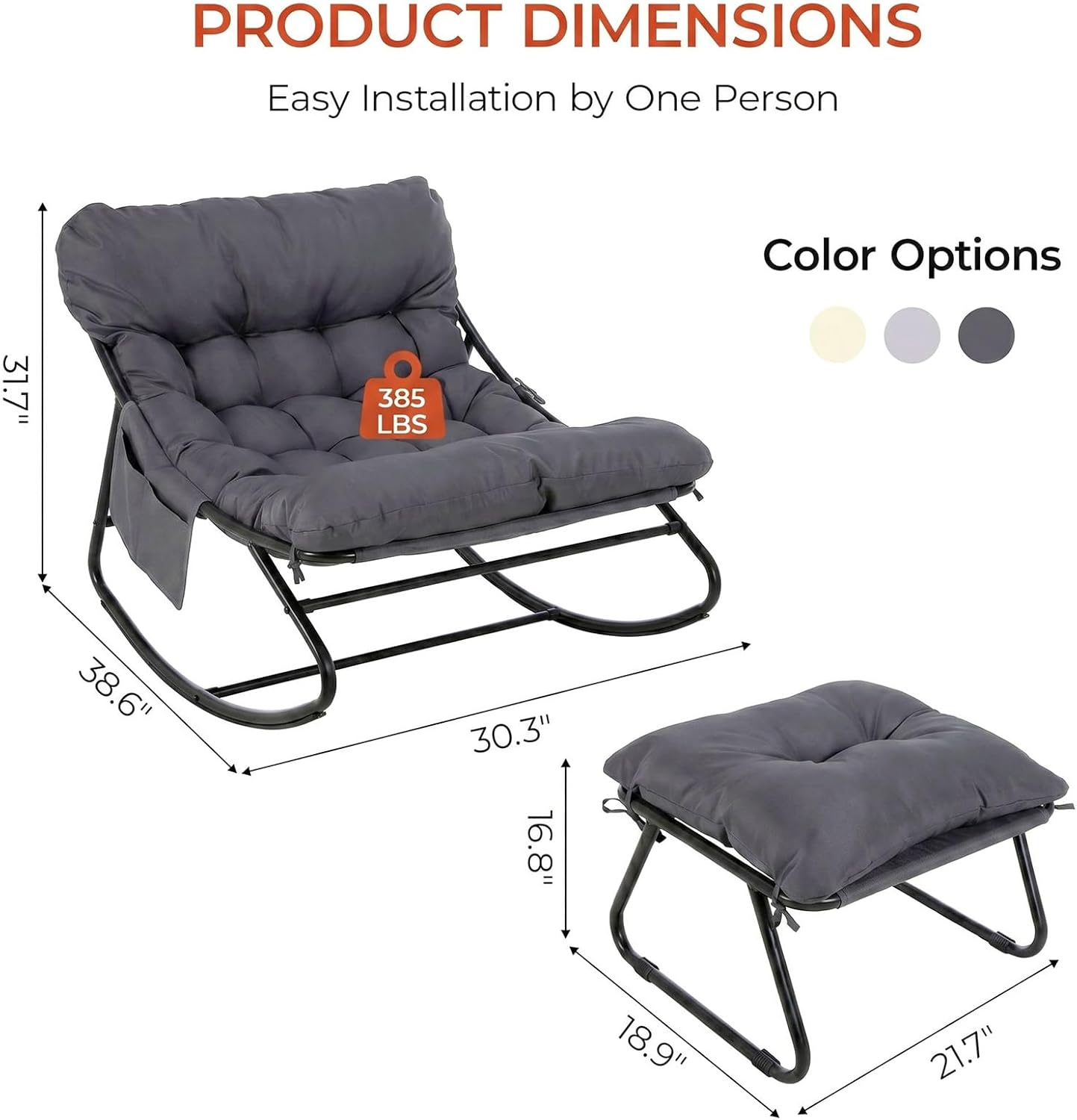LAZY BUDDY Large Papasan Rocking Chair with Ottoman, Patio Lounge Chair Rocker with 7.4'' Thick Cushion, for Indoor Outdoor Use
